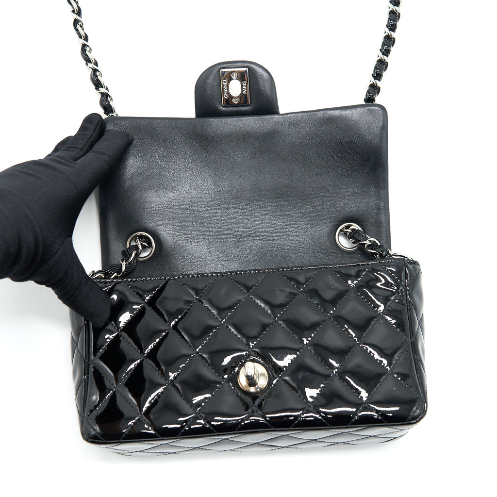 CHANEL MINI RECTANGULAR FLAP BAG PATENT LEATHER BLACK SHW