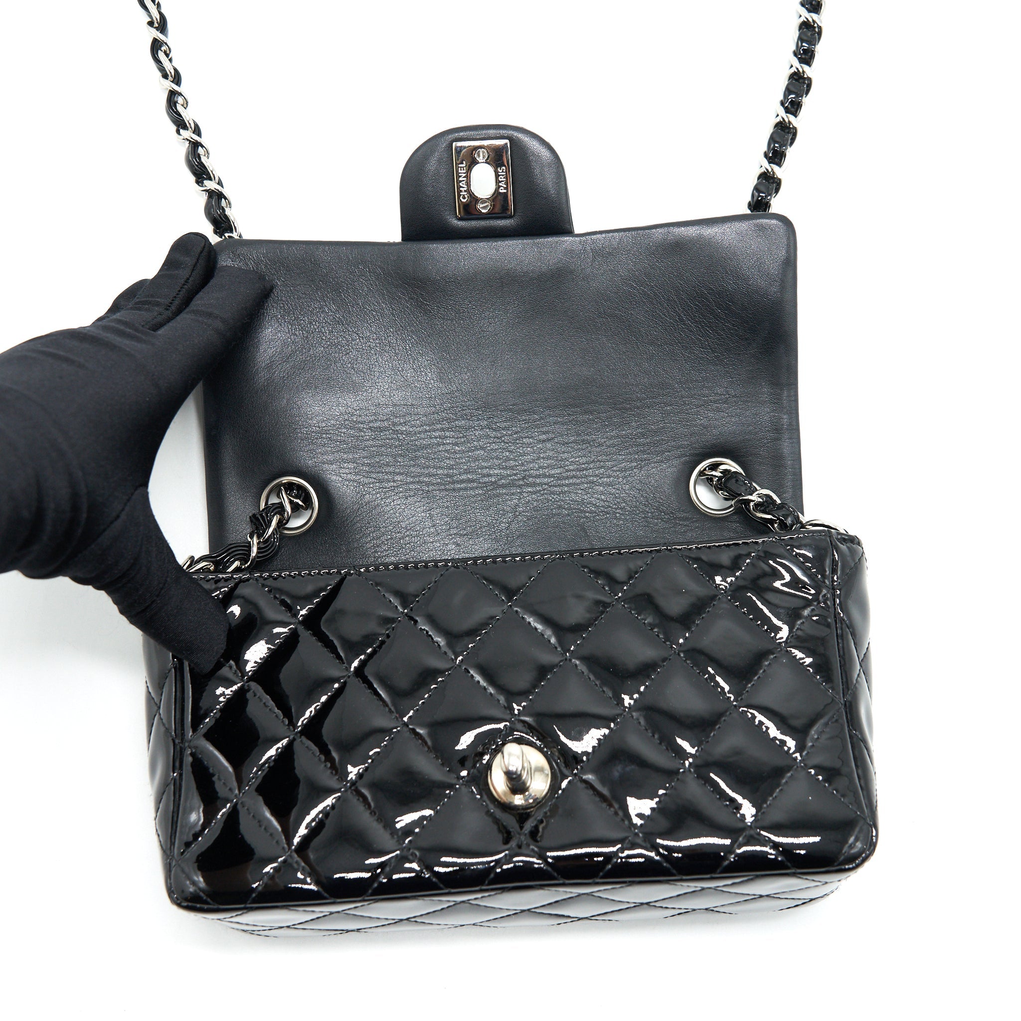 CHANEL MINI RECTANGULAR FLAP BAG PATENT LEATHER BLACK SHW