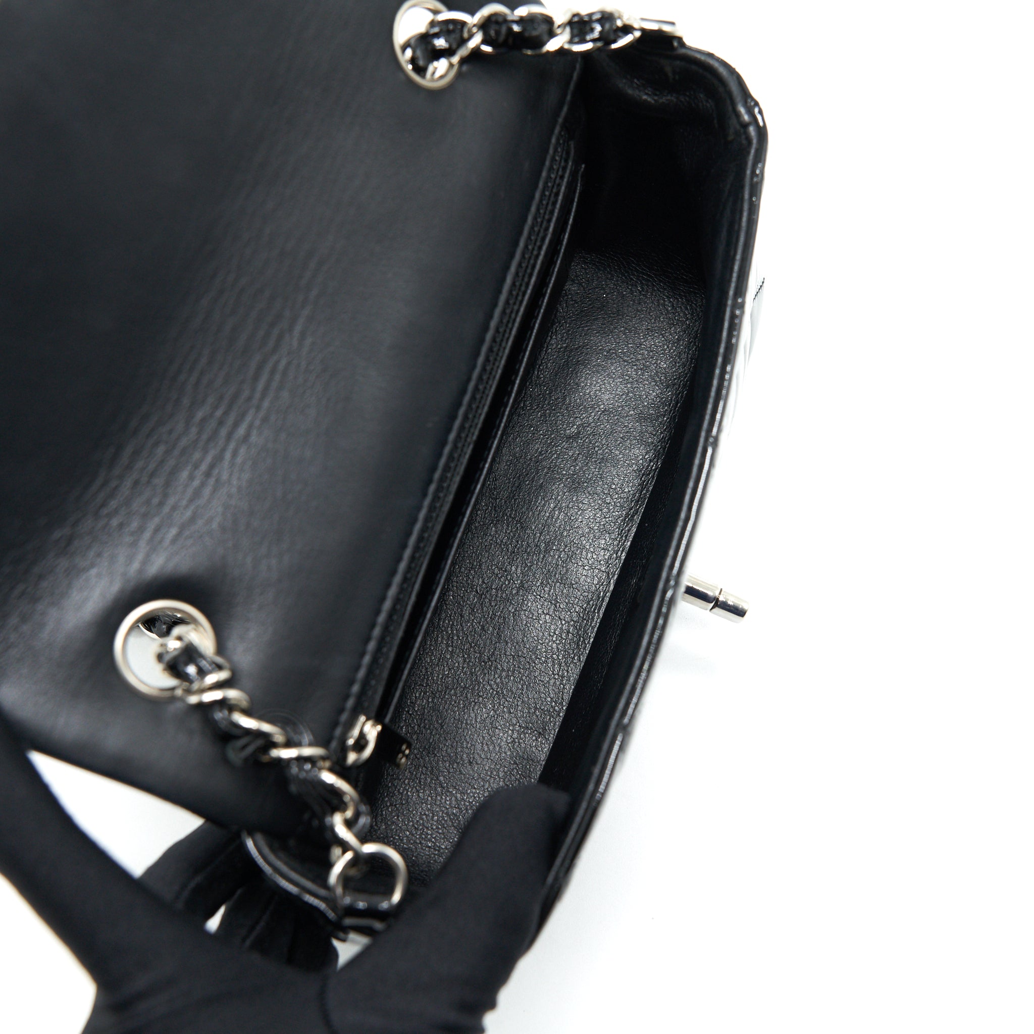 CHANEL MINI RECTANGULAR FLAP BAG PATENT LEATHER BLACK SHW