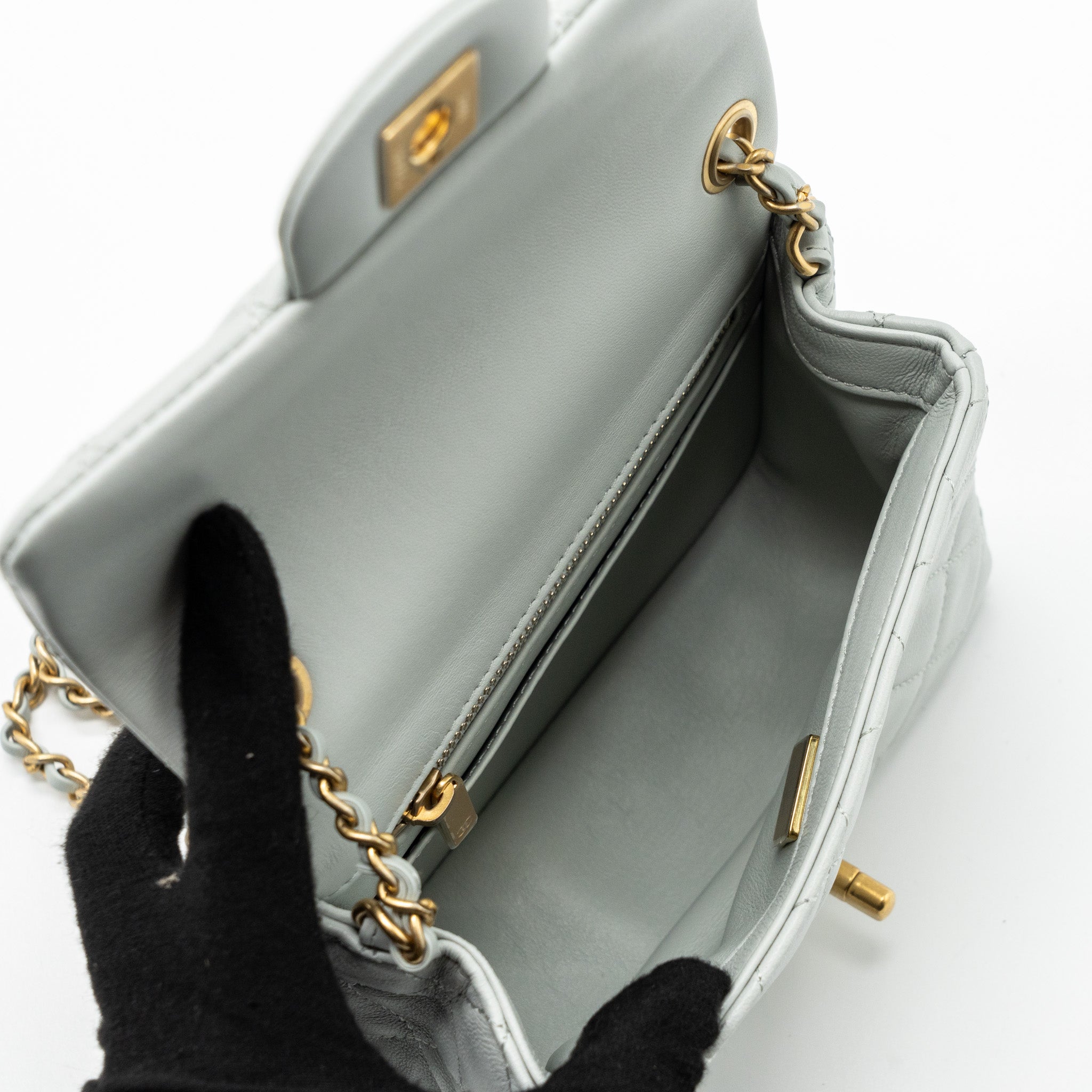 CHANEL 23C PEARL CRUSH MINI SQUARE FLAP BAG LAMBSKIN GREY GHW (MICROCHIP)