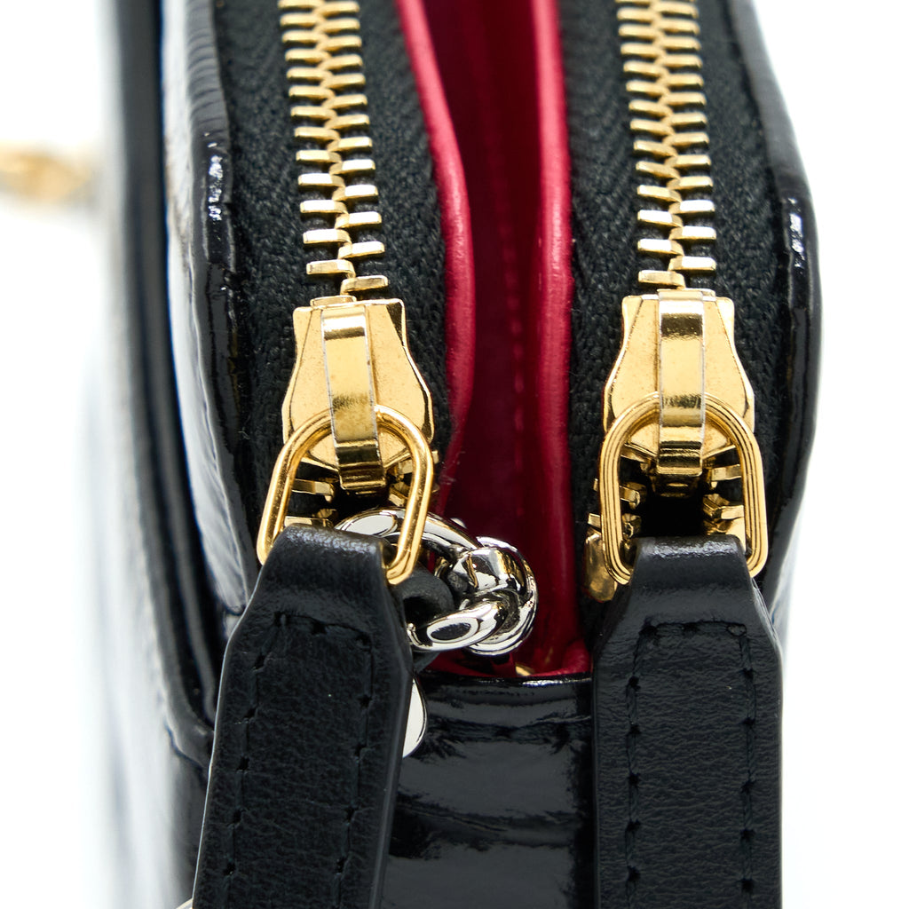 CHANEL DOUBLE ZIP WALLET ON CHAIN AGED CALFSKIN BLACK MULTICOLOUR HARDWARE