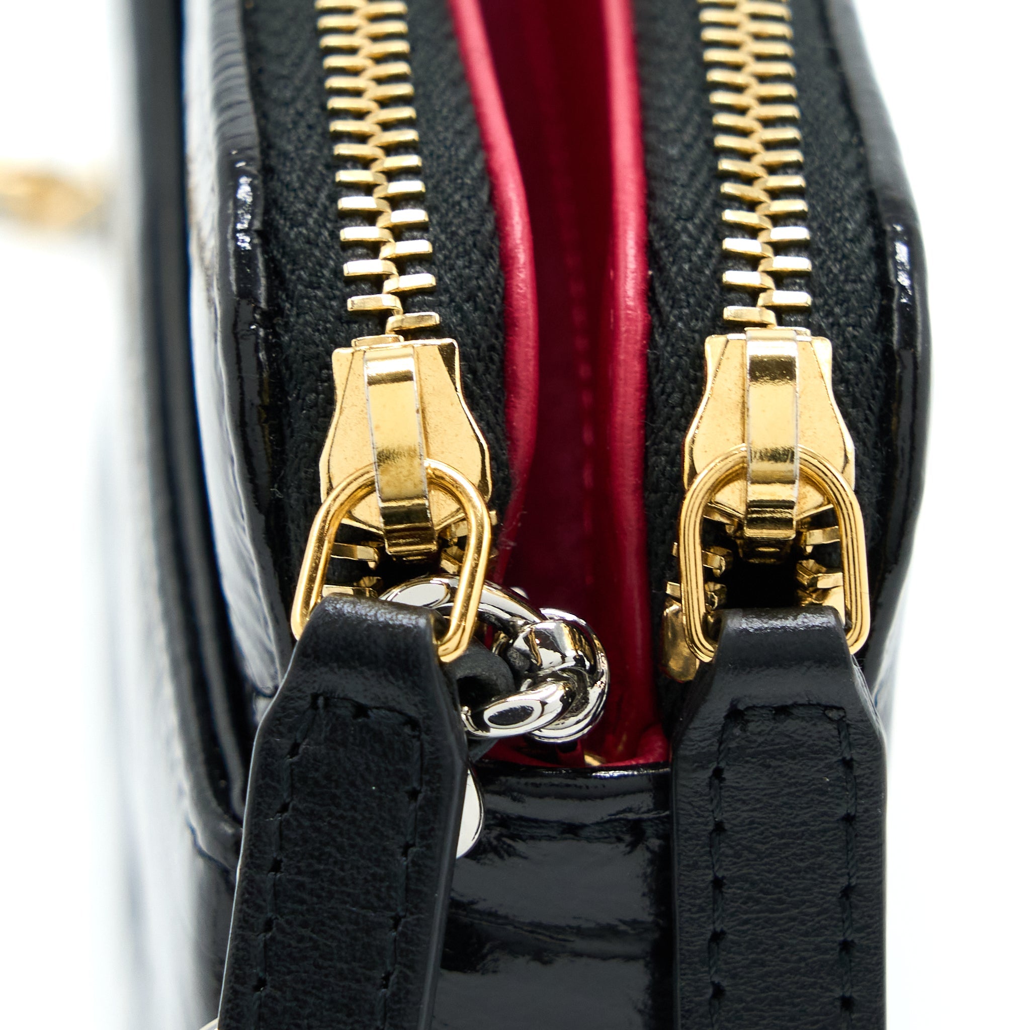 CHANEL DOUBLE ZIP WALLET ON CHAIN AGED CALFSKIN BLACK MULTICOLOUR HARDWARE