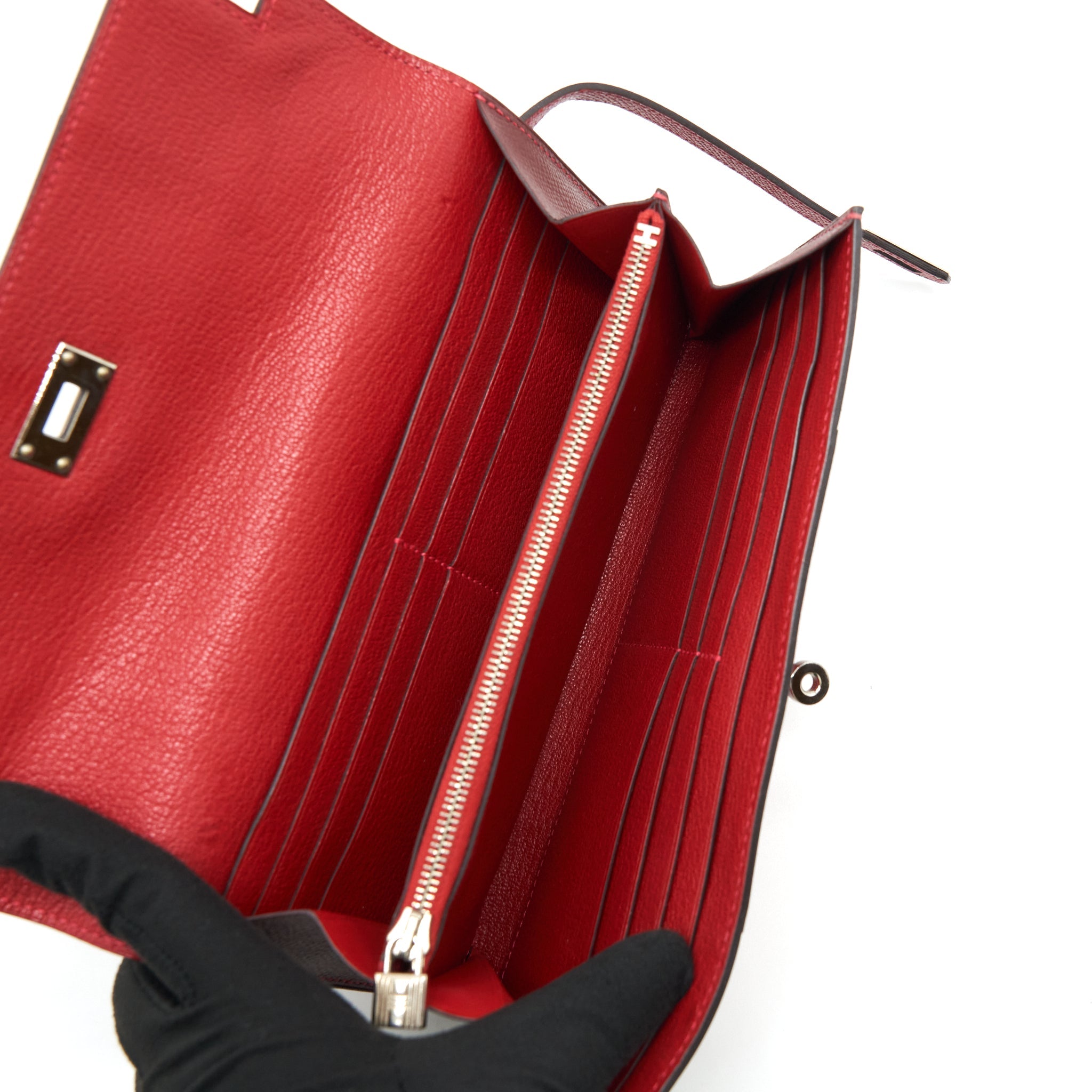 HERMES CLASSIC KELLY LONG WALLET EPSOM LEATHER RED / DARK RED WITH SHW