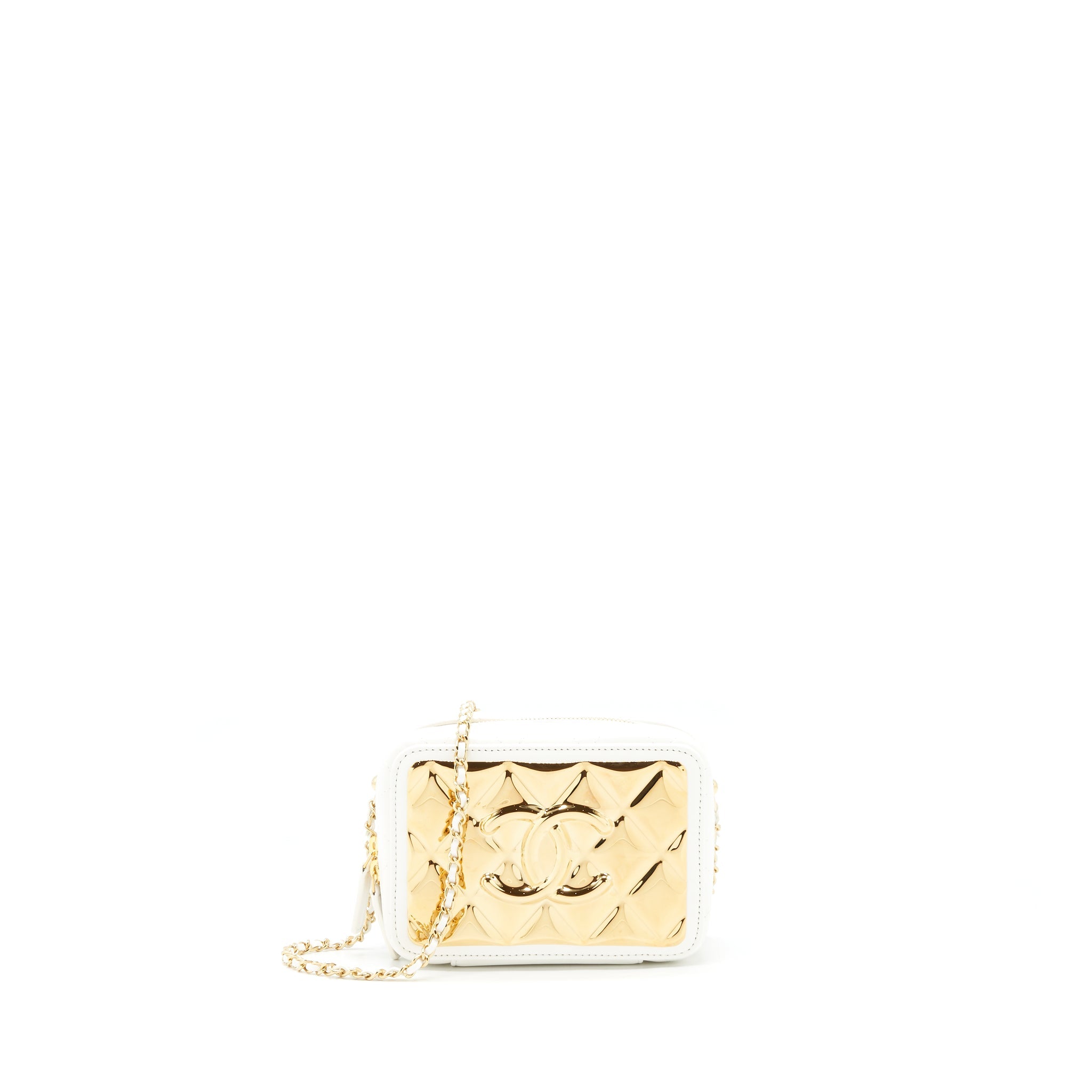 CHANEL 21K SMALL METAL PLATE VANITY WITH CHAIN LAMBSKIN WHITE GHW