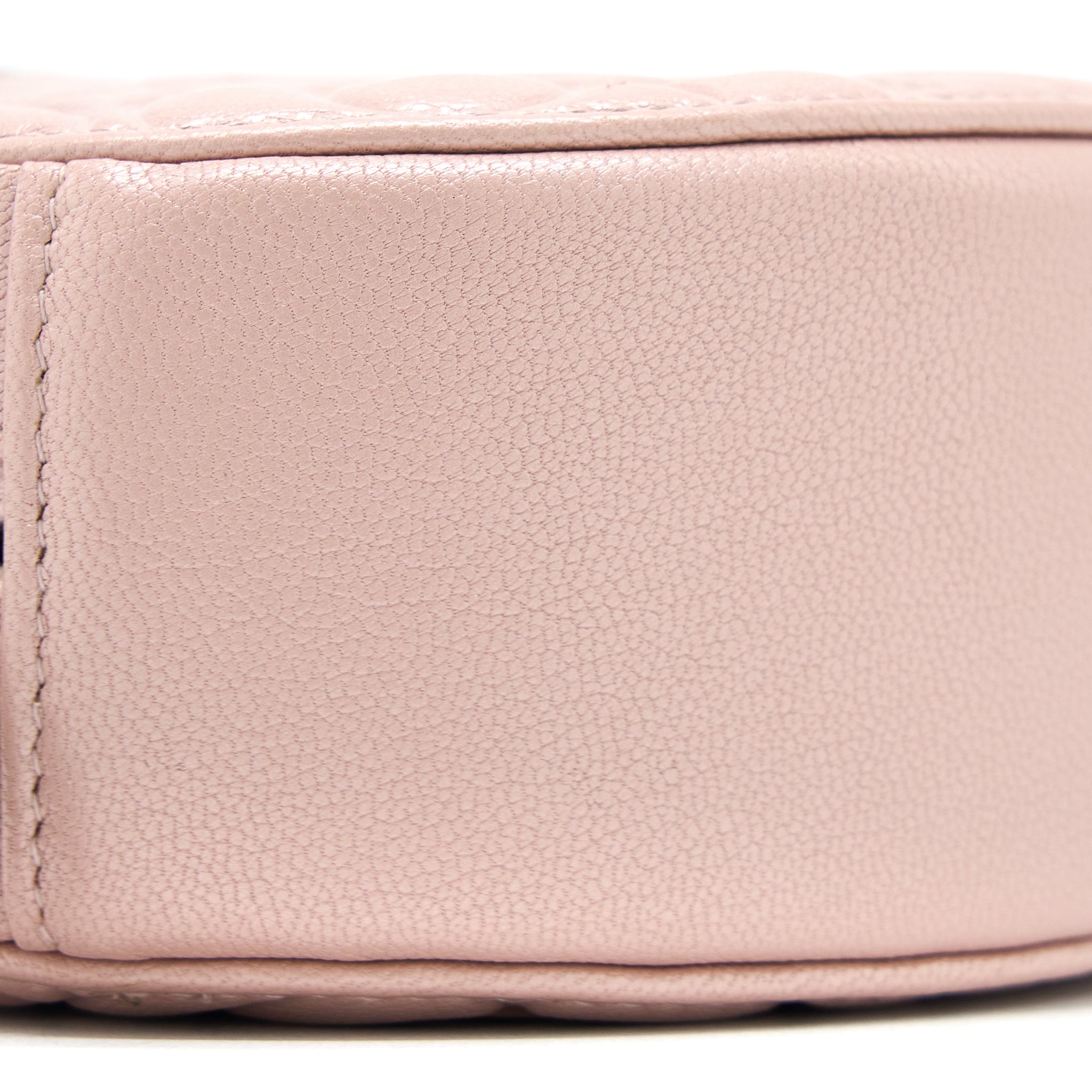 CHANEL ROUND CLUTCH WITH CHAIN CAMELLIA CALFSKIN NUDE PINK SHW