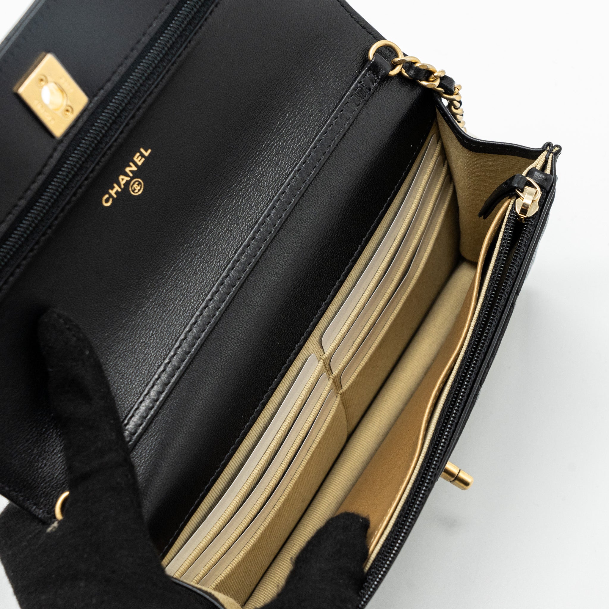 CHANEL PEARL CRUSH WALLET ON CHAIN LAMBSKIN BLACK GHW (MICROCHIP)