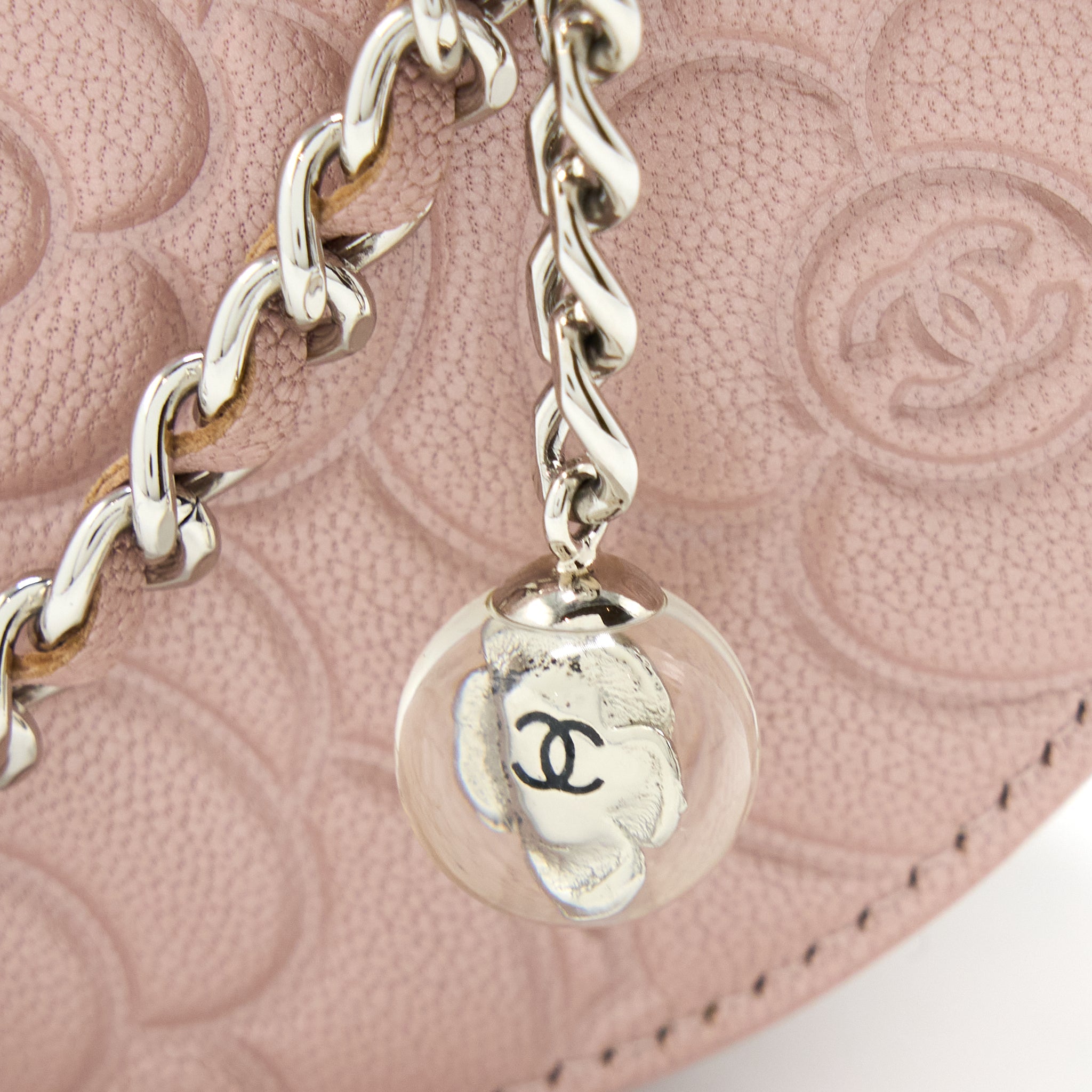 CHANEL ROUND CLUTCH WITH CHAIN CAMELLIA CALFSKIN NUDE PINK SHW