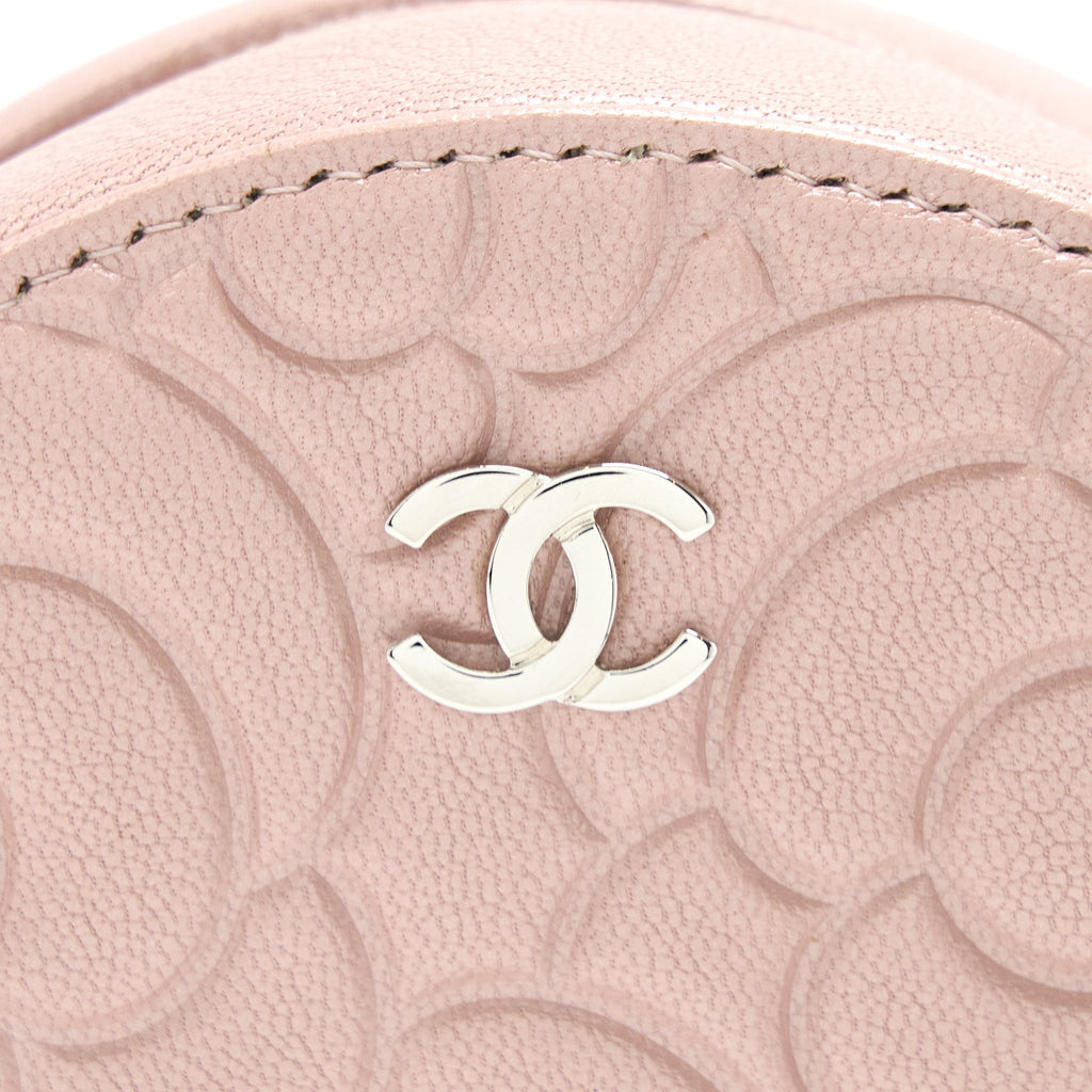 CHANEL ROUND CLUTCH WITH CHAIN CAMELLIA CALFSKIN NUDE PINK SHW