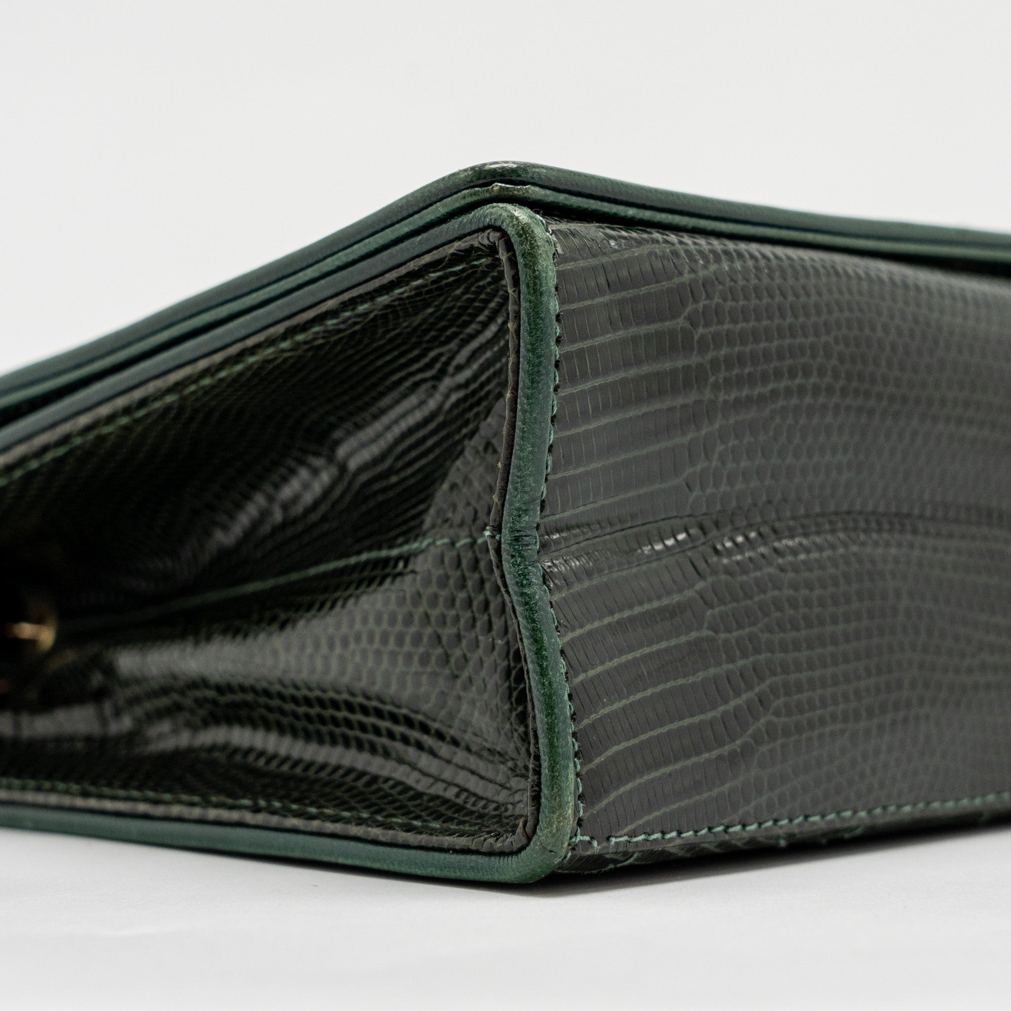 CHANEL VINTAGE ENVELOP FLAP BAG WITH CHAIN LIZARD DARK GREEN GHW
