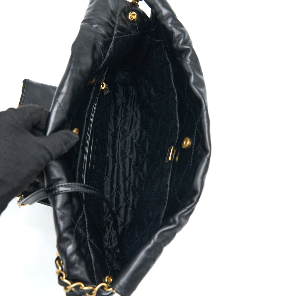 CHANEL SMALL 22 BAG SHINY CALFSKIN BLACK GHW (MICROCHIP)