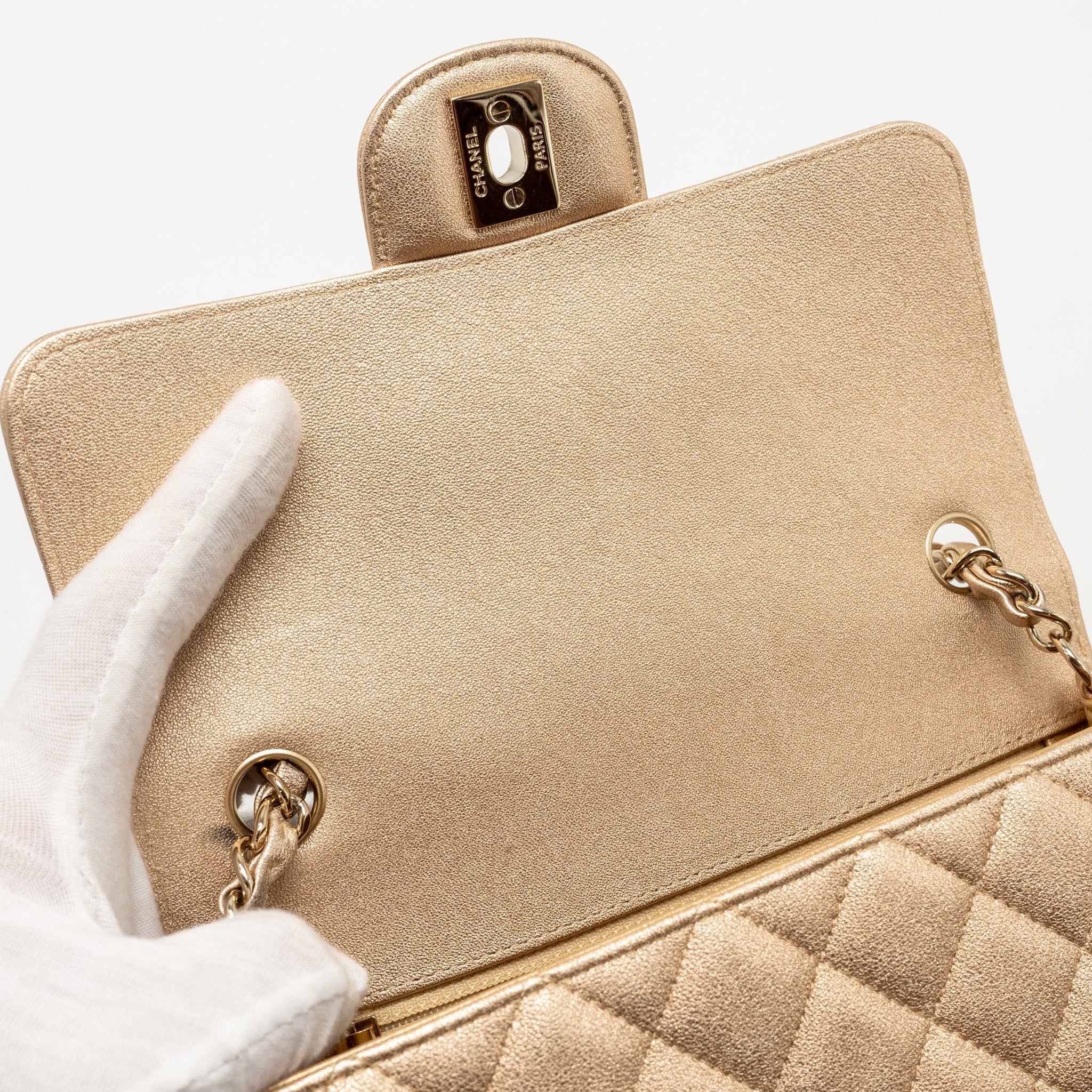 CHANEL MINI RECTANGULAR FLAP BAG LAMBSKIN METALLIC GOLD LGHW