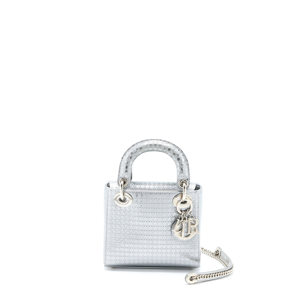 DIOR MINI LADY DIOR PATENT METALLIC SILVER SHW