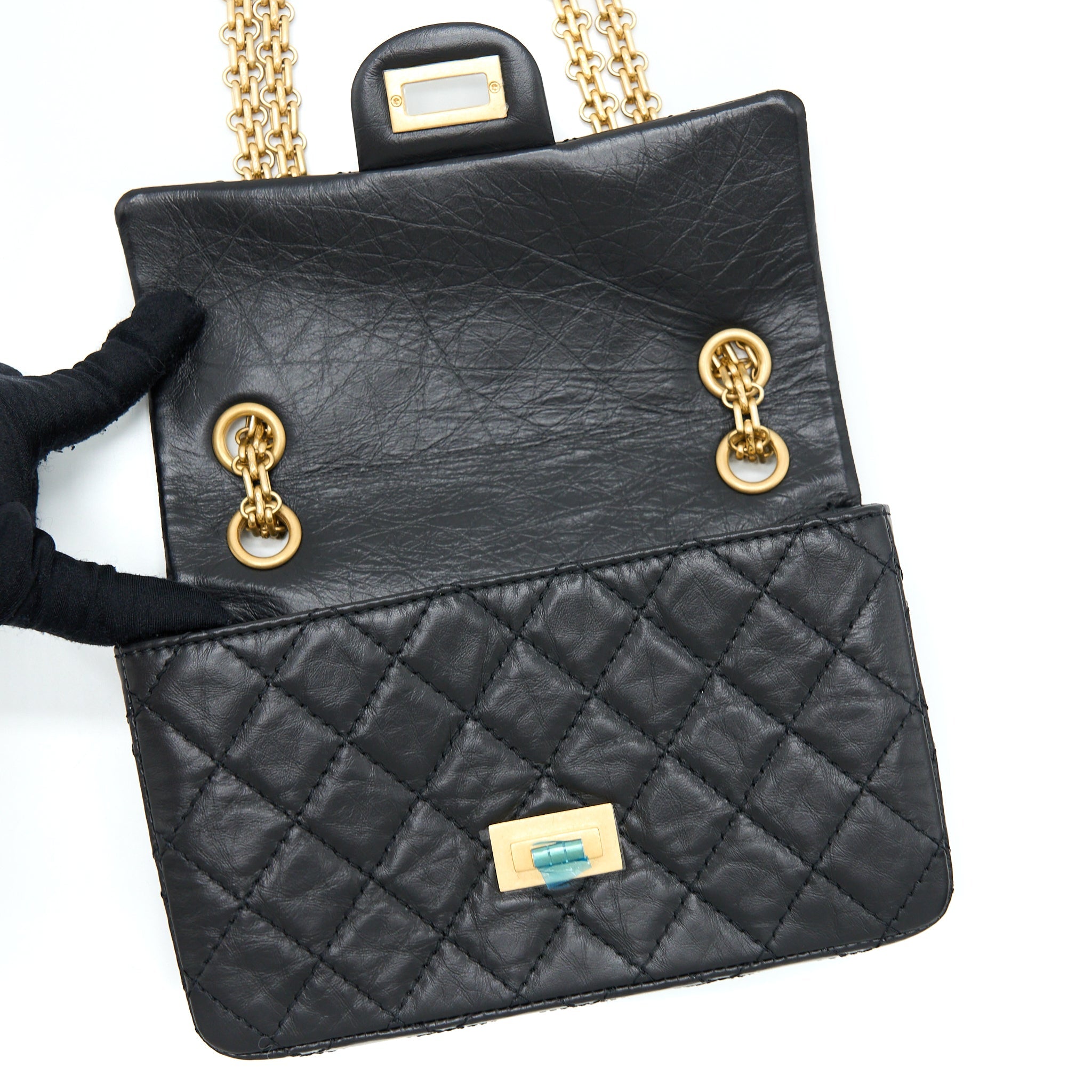 CHANEL MINI 2.55 REISSUE FLAP BAG AGED CALFSKIN BLACK GHW (MICROCHIP)
