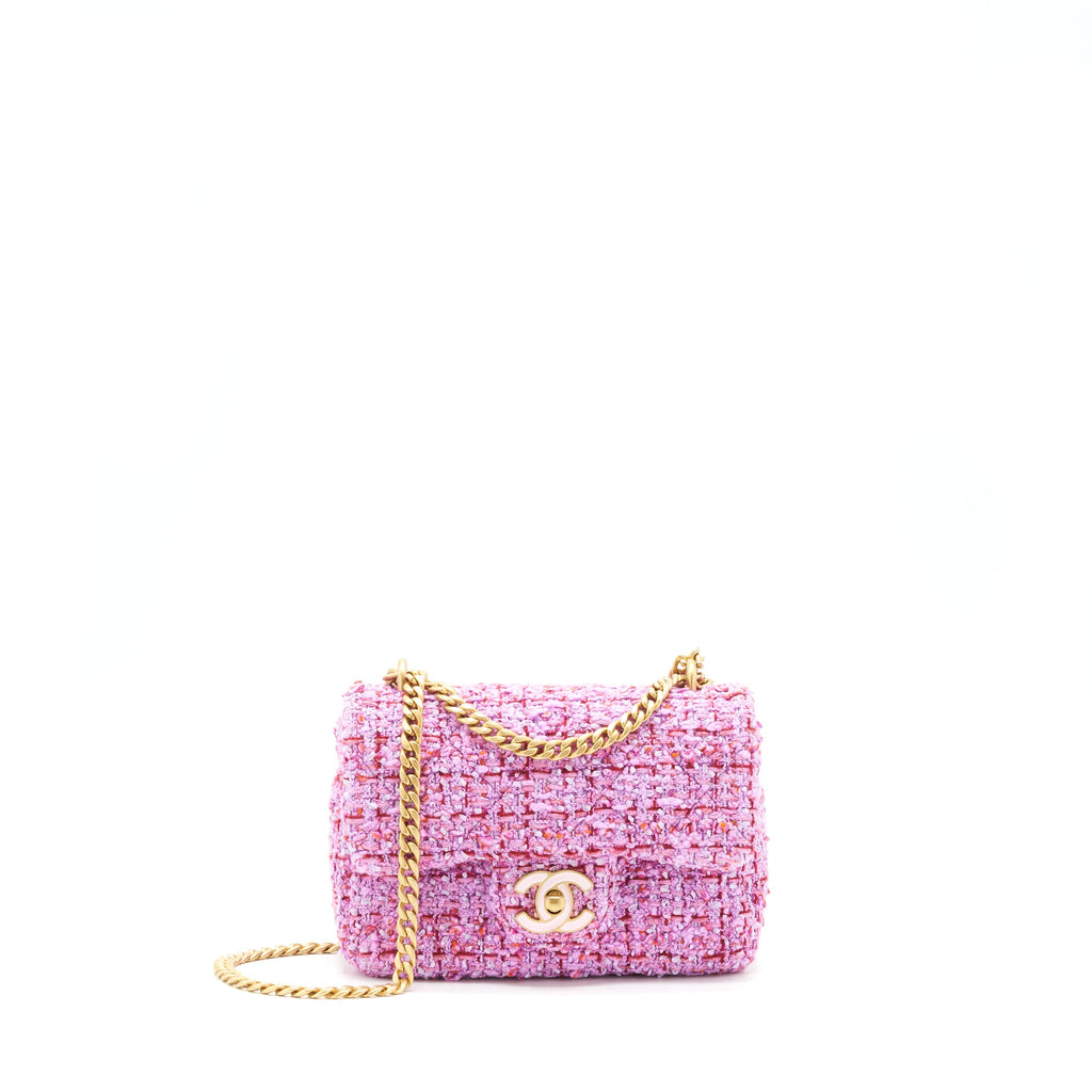 CHANEL 22P SQUARE FLAP BAG TWEED PINK WITH PINK HARDWARE