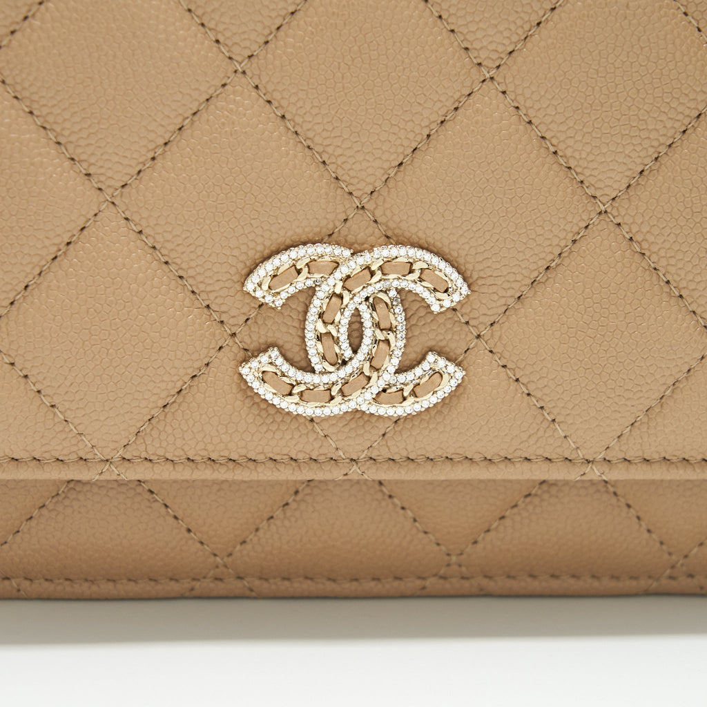 CHANEL 22S DETAILED LOGO WALLET ON CHAIN CAVIAR DARK BEIGE WITH LGHW (MICROCHIP)