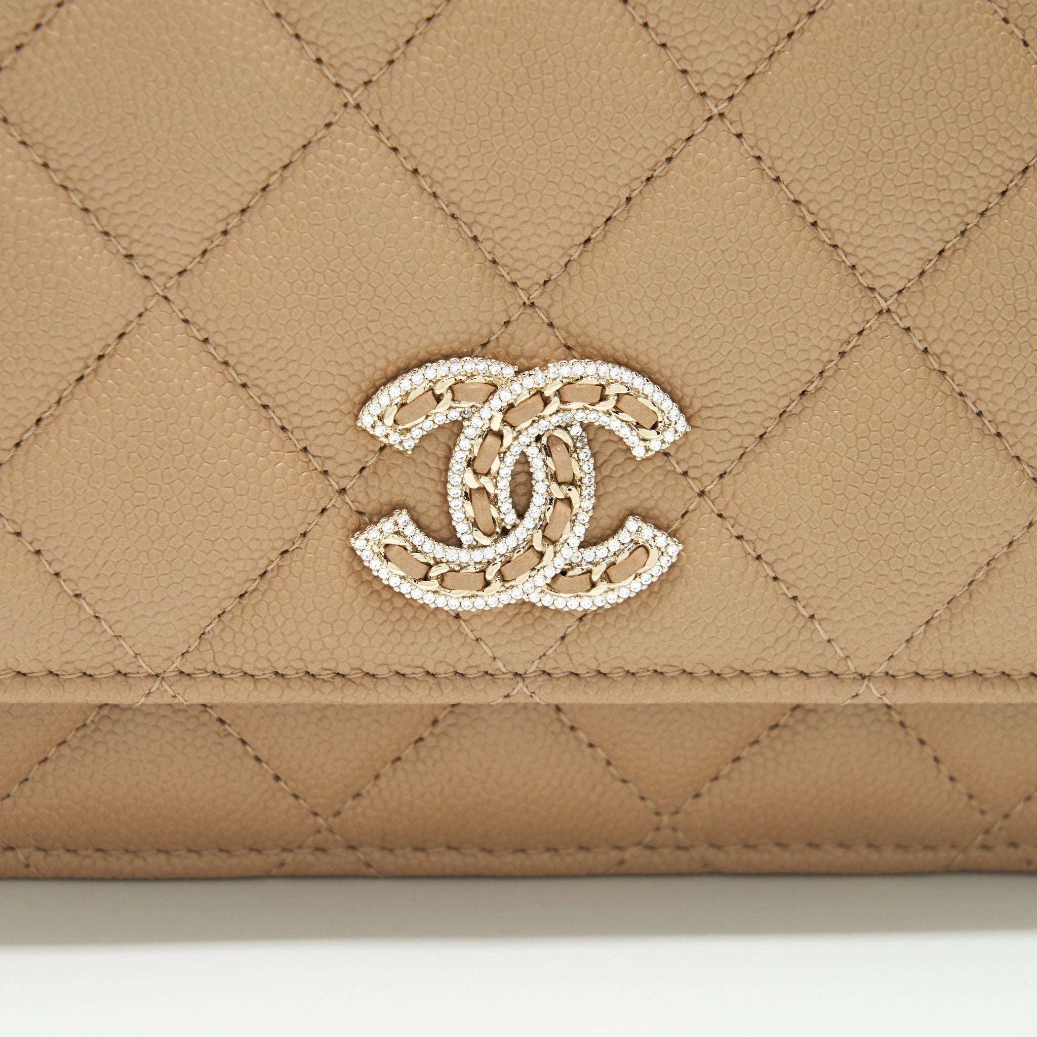CHANEL 22S DETAILED LOGO WALLET ON CHAIN CAVIAR DARK BEIGE WITH LGHW (MICROCHIP)