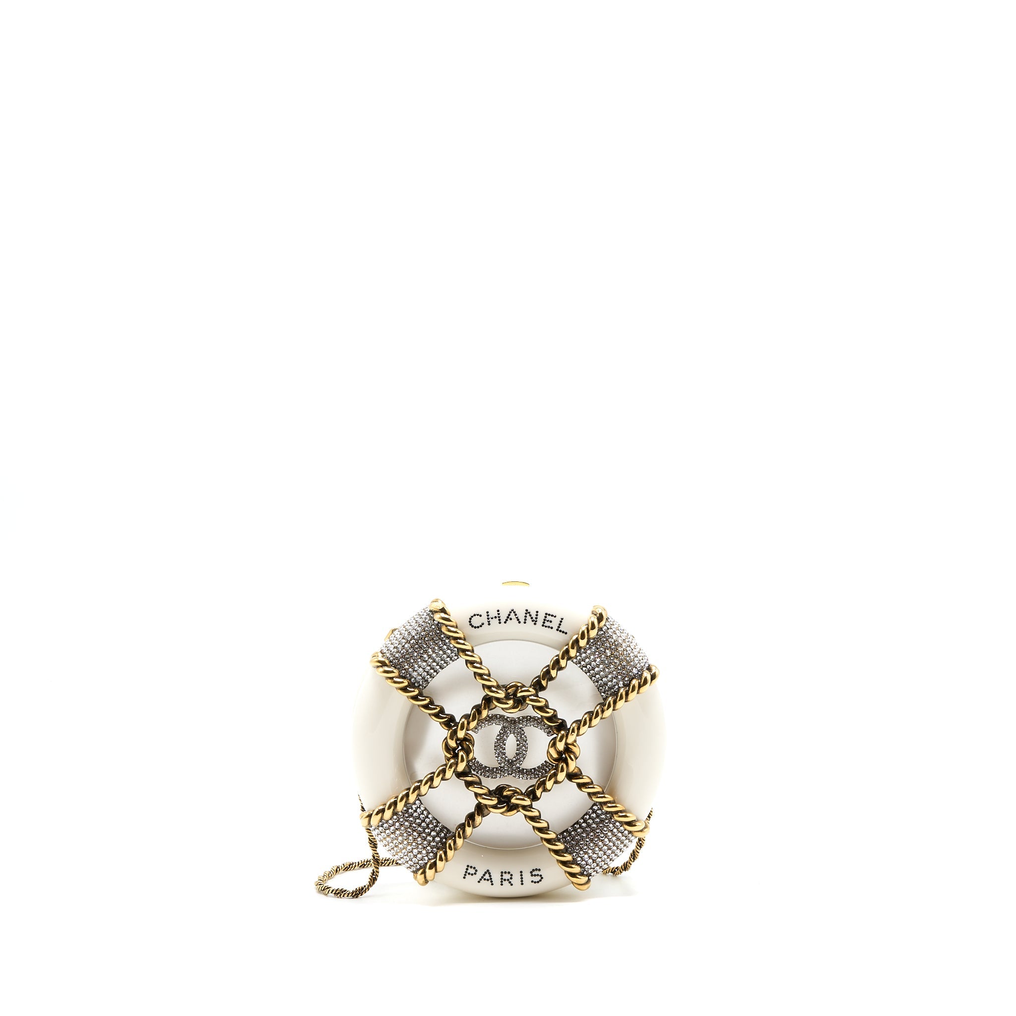 CHANEL RUNWAY WHITE CRYSTAL ROUND EVENING CLUTCH SHOULDER BAG BOX GHW