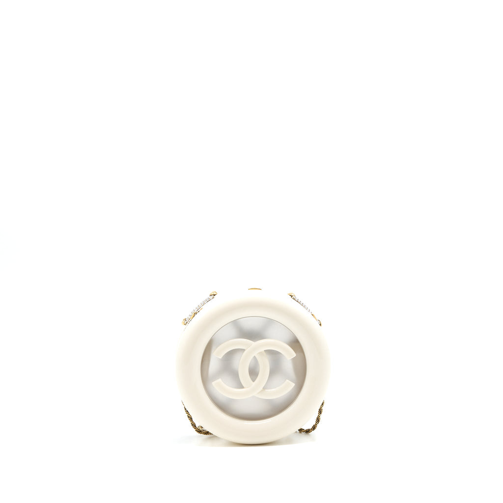 CHANEL RUNWAY WHITE CRYSTAL ROUND EVENING CLUTCH SHOULDER BAG BOX GHW