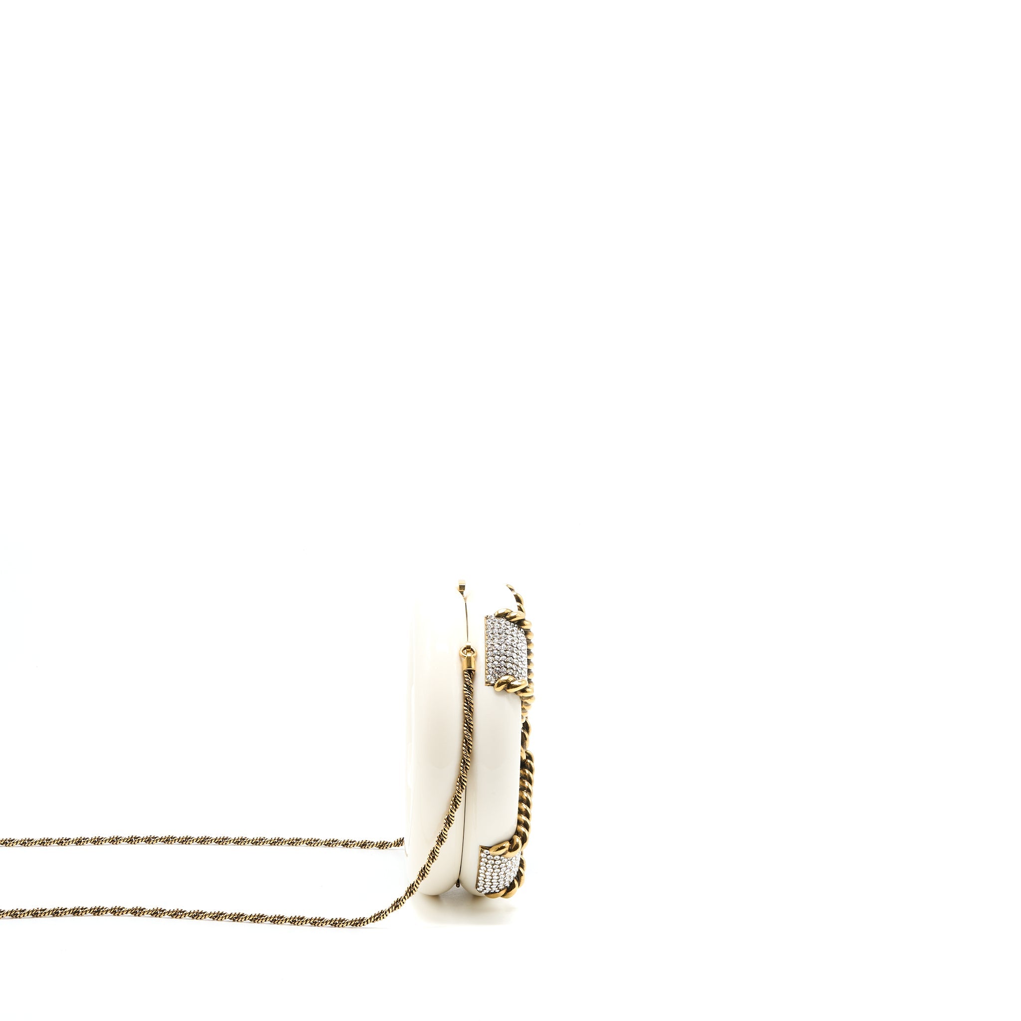 CHANEL RUNWAY WHITE CRYSTAL ROUND EVENING CLUTCH SHOULDER BAG BOX GHW