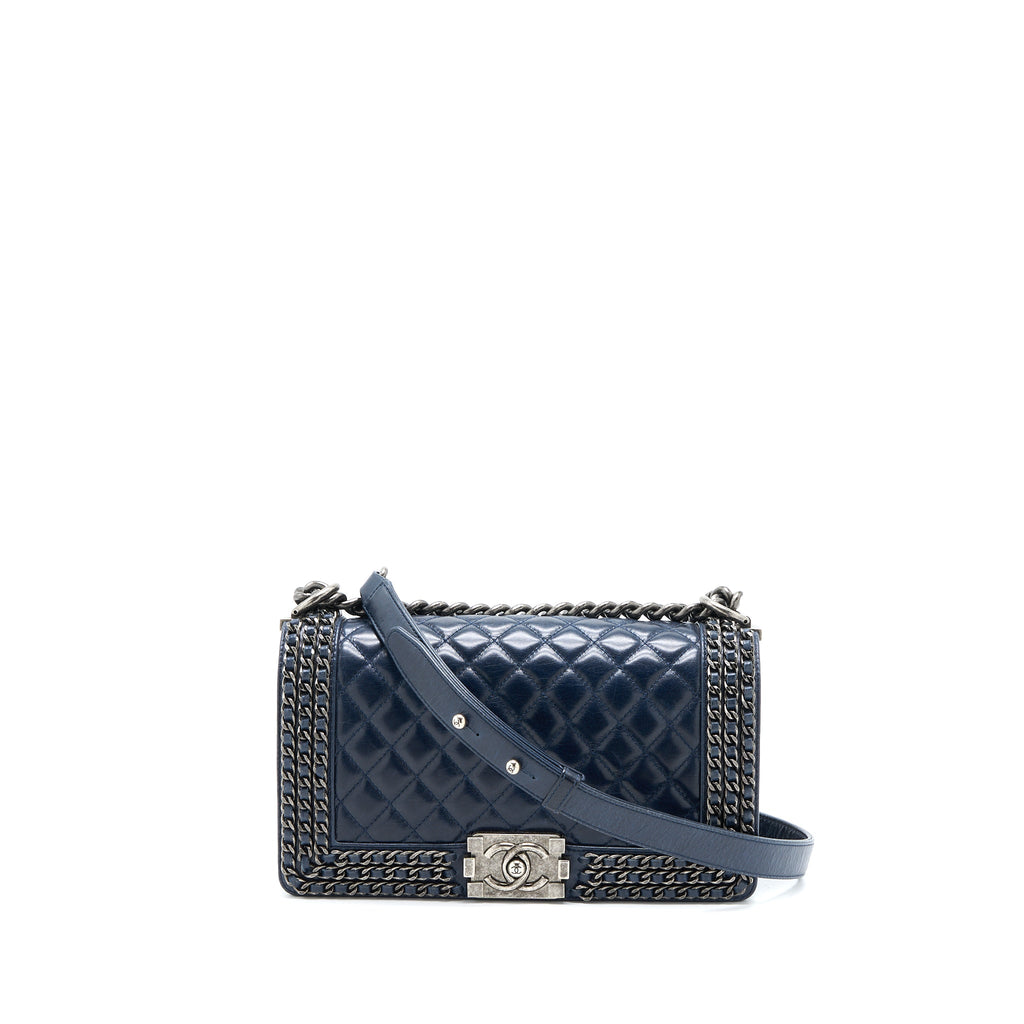CHANEL MEDIUM BOY BAG LIMITED EDITION WITH CHAIN EDGE AGED CALFSKIN NAVY RUTHENIUM HARDWARE