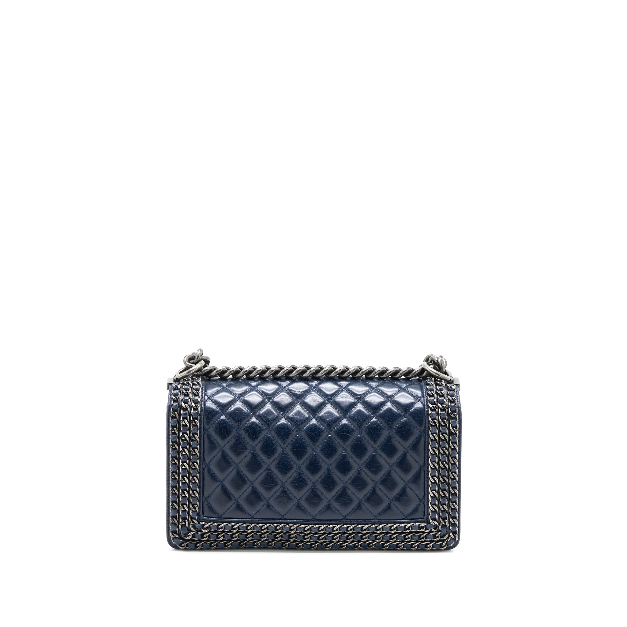CHANEL MEDIUM BOY BAG LIMITED EDITION WITH CHAIN EDGE AGED CALFSKIN NAVY RUTHENIUM HARDWARE
