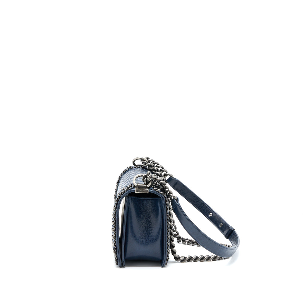 CHANEL MEDIUM BOY BAG LIMITED EDITION WITH CHAIN EDGE AGED CALFSKIN NAVY RUTHENIUM HARDWARE