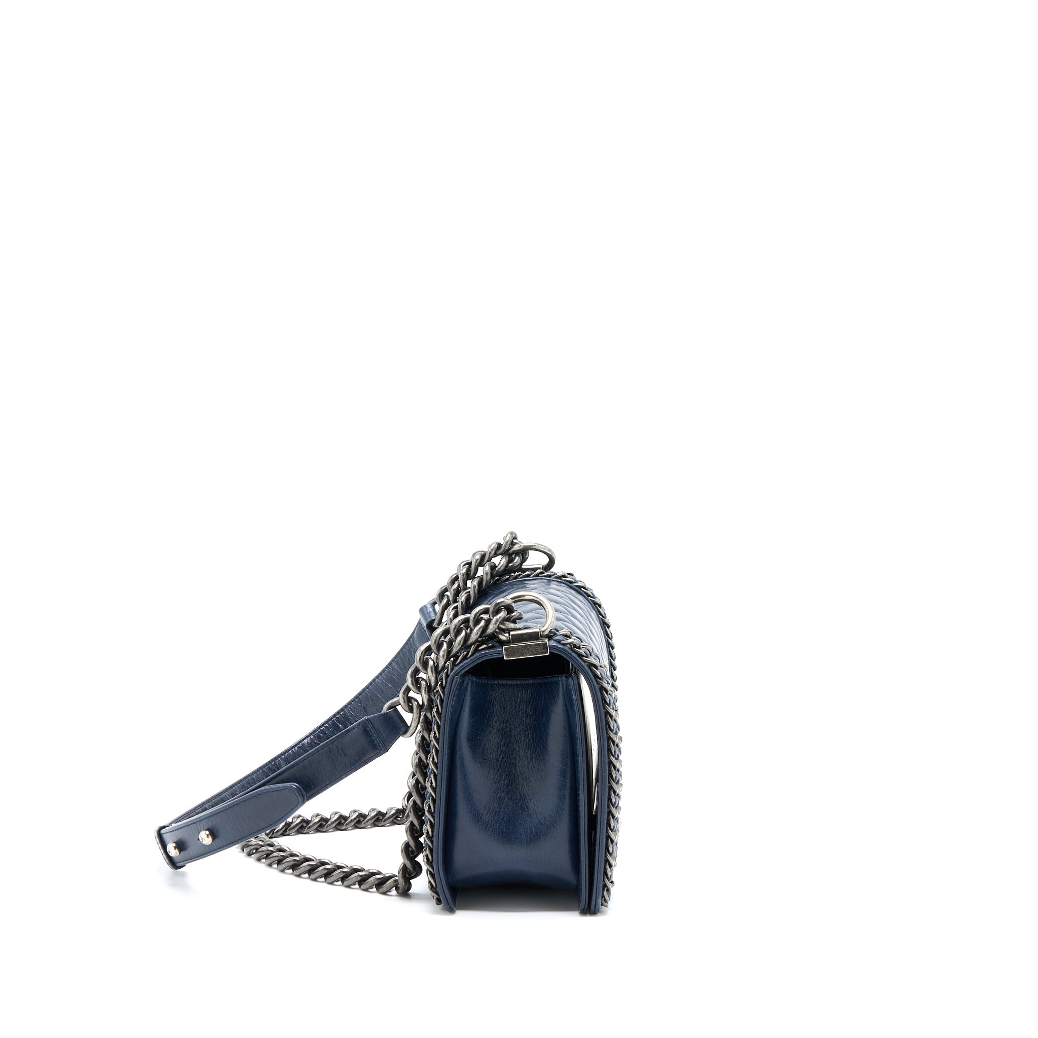 CHANEL MEDIUM BOY BAG LIMITED EDITION WITH CHAIN EDGE AGED CALFSKIN NAVY RUTHENIUM HARDWARE