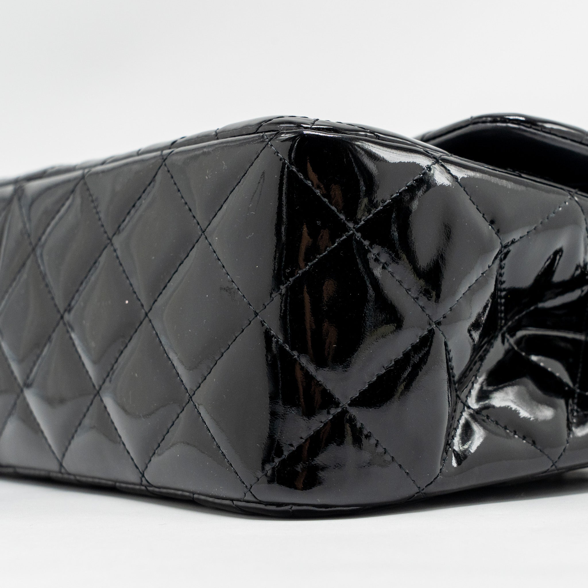 CHANEL JUMBO CLASSIC DOUBLE FLAP BAG PATENT BLACK SHW