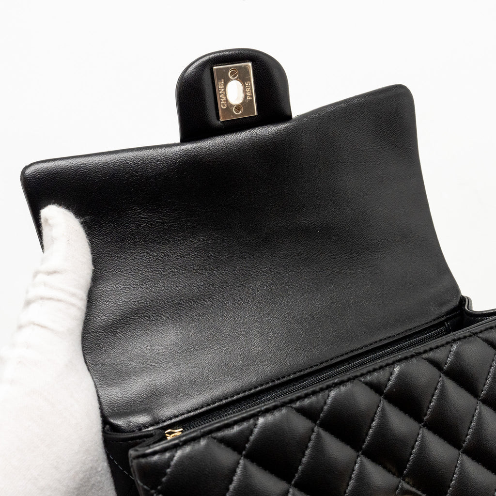 CHANEL TOP HANDLE MINI RECTANGULAR FLAP BAG WITH LION CHARM LAMBSKIN BLACK LGHW (MICROCHIP)