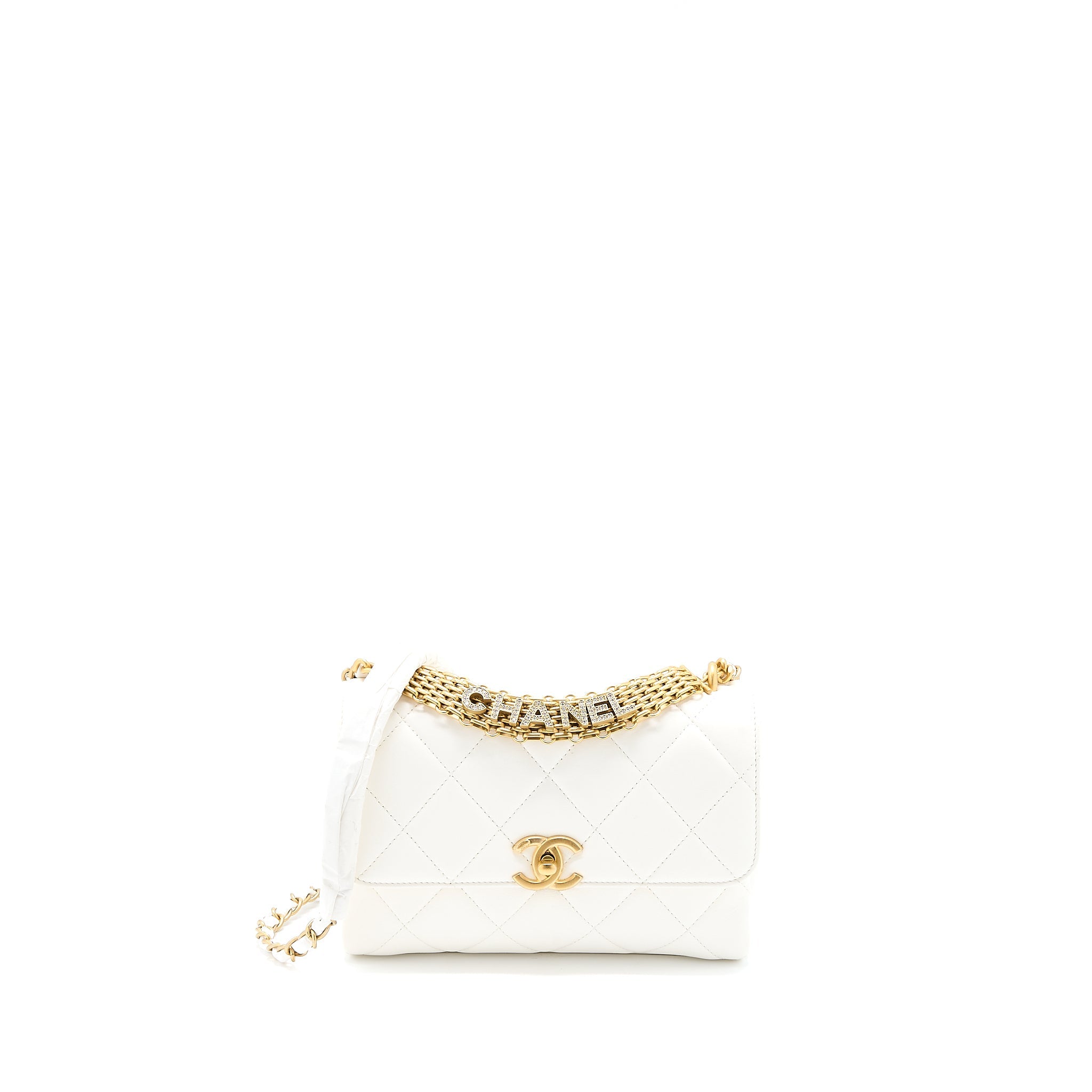 CHANEL QUILTED FLAP BAG WITH LETTER CHAIN LAMBSKIN WHITE GHW (MICROCHIP)