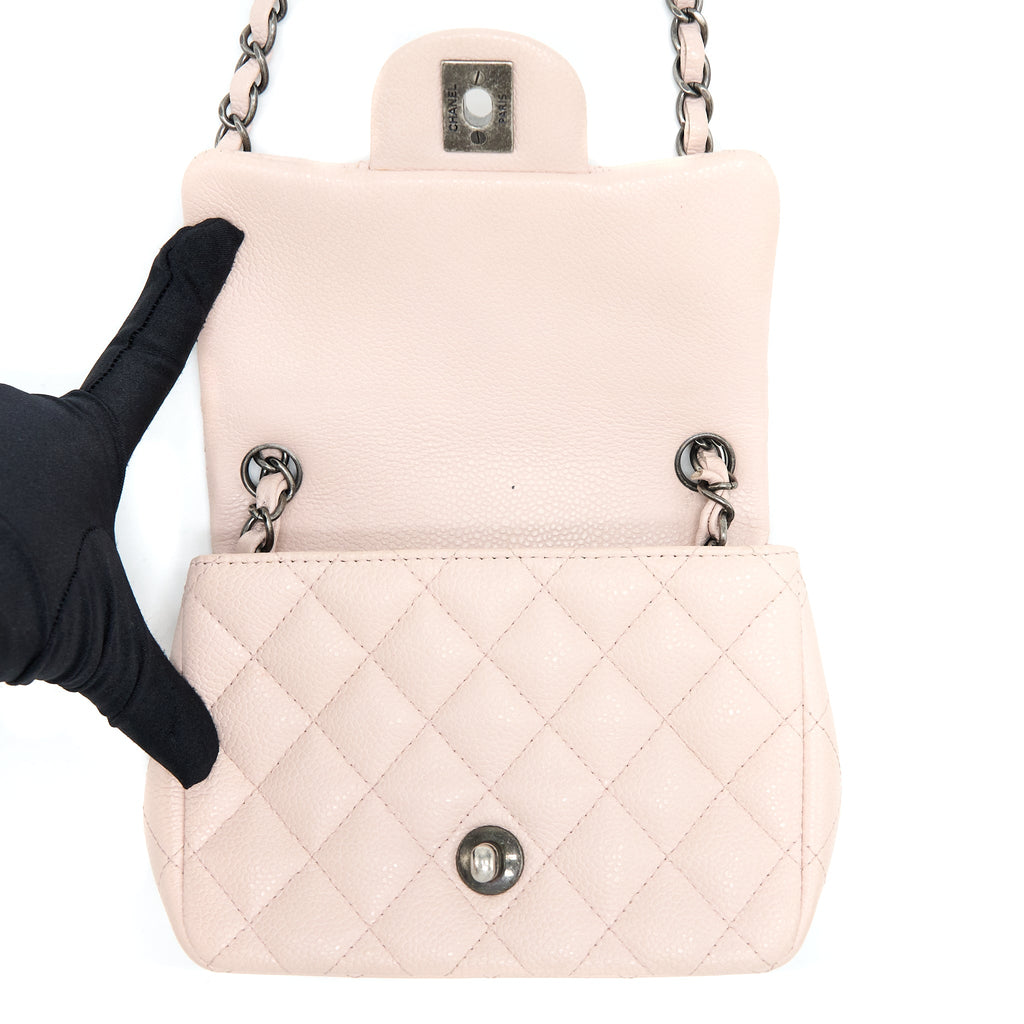 CHANEL MINI SQUARE FLAP BAG CAVIAR LIGHT PINK RUTHENIUM HARDWARE