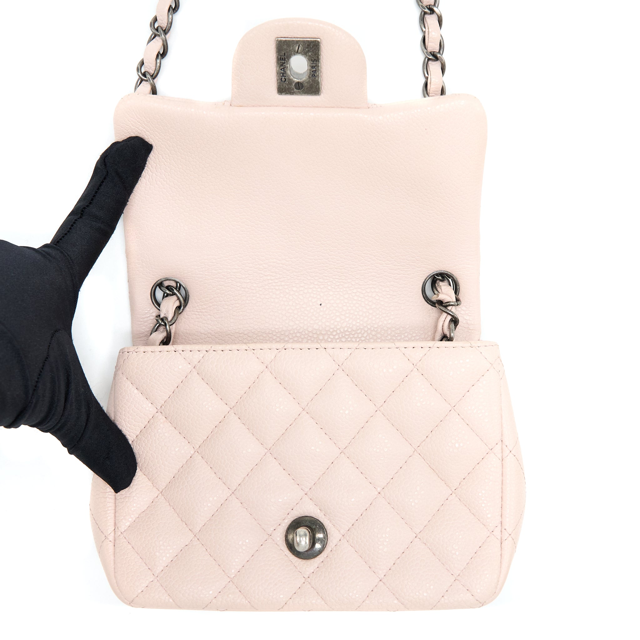 CHANEL MINI SQUARE FLAP BAG CAVIAR LIGHT PINK RUTHENIUM HARDWARE