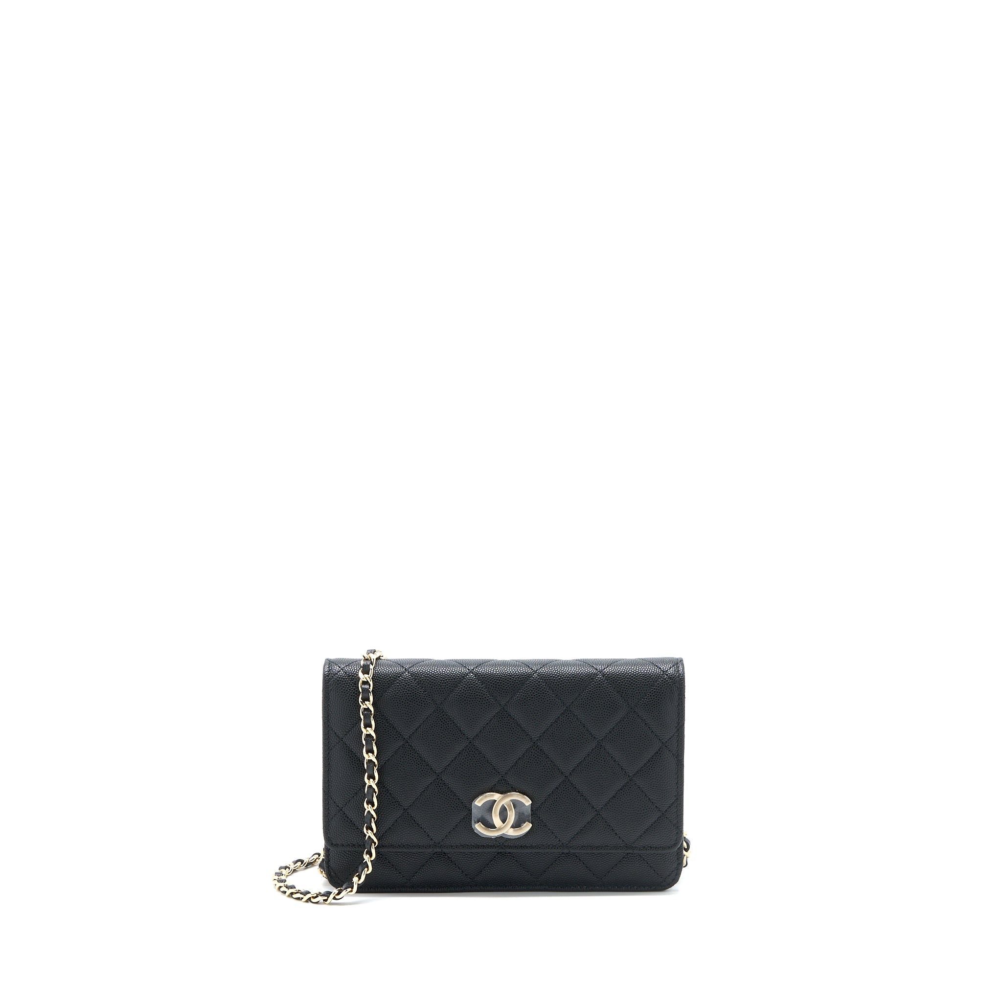 CHANEL GIANT CC LOGO WALLET ON CHAIN CAVIAR BLACK LGHW (MICROCHIP)