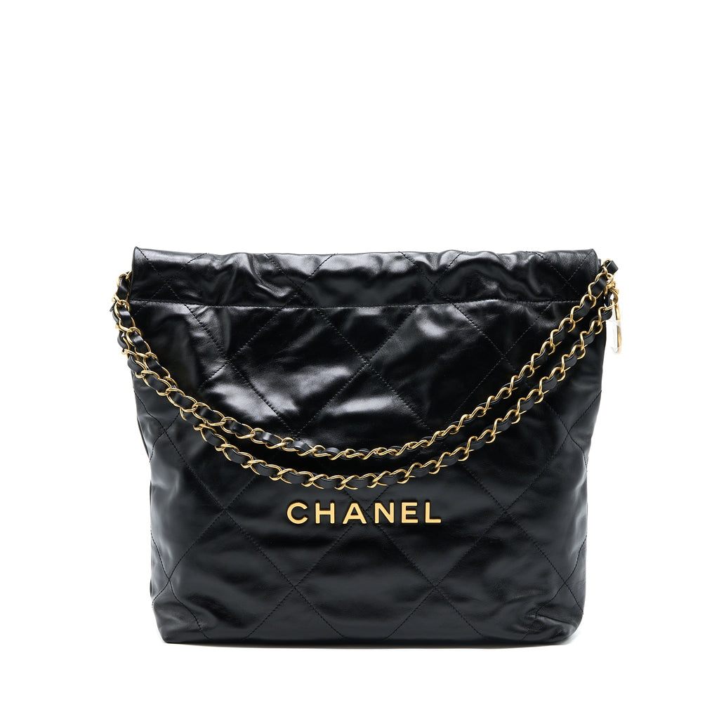 CHANEL SMALL 22 BAG SHINY CALFSKIN BLACK GHW (MICROCHIP)