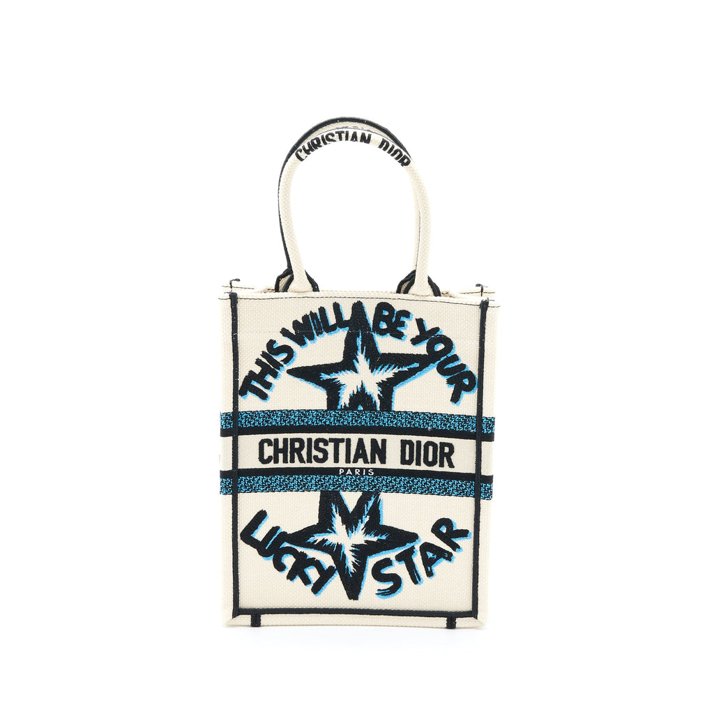 DIOR VERTICAL BOOK TOTE LUCKY STAR EMBROIDERY WHITE/MULTICOLOUR