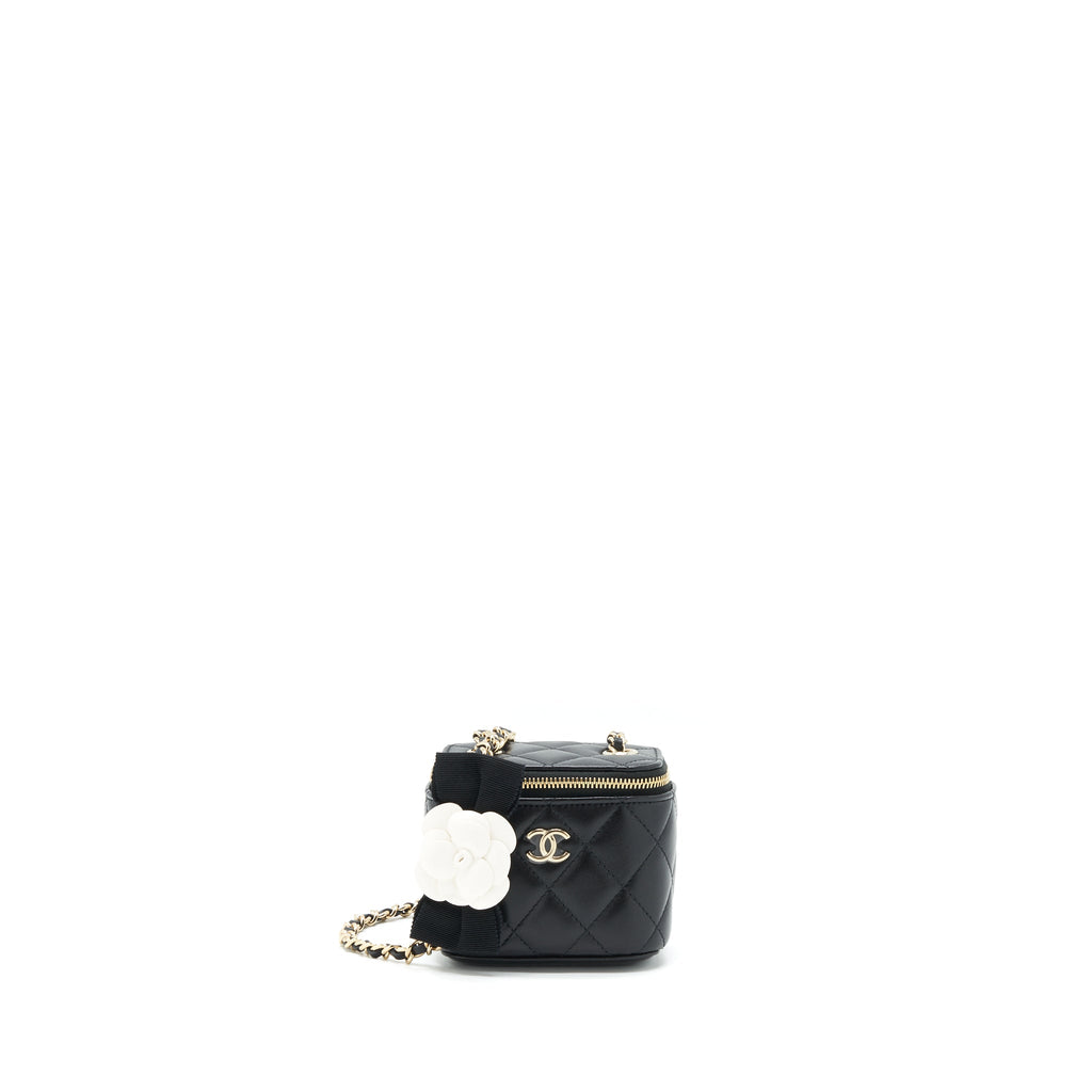 CHANEL MINI VANITY WITH CAMELLIA CHAIN LAMBSKIN BLACK LGHW
