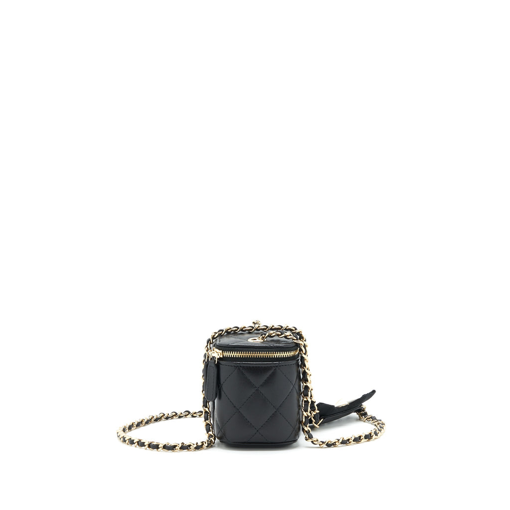 CHANEL MINI VANITY WITH CAMELLIA CHAIN LAMBSKIN BLACK LGHW