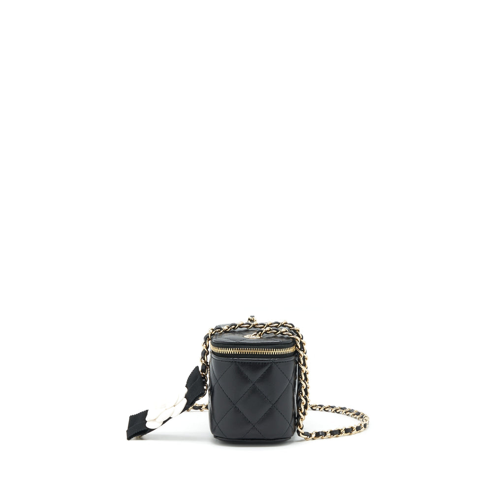 CHANEL MINI VANITY WITH CAMELLIA CHAIN LAMBSKIN BLACK LGHW