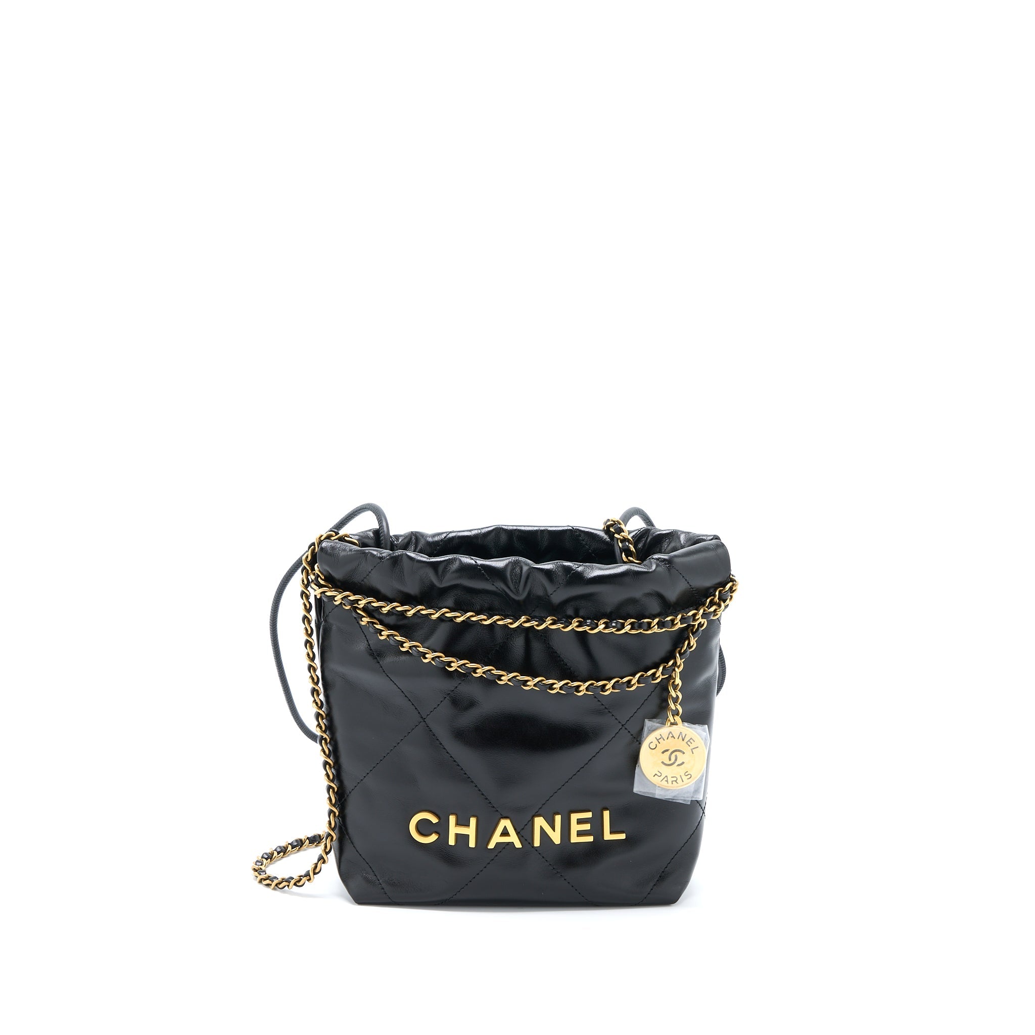 CHANEL MINI 22 BAG SHINY CALFSKIN BLACK BRUSHED GHW (MICROCHIP)
