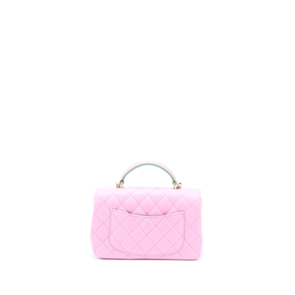 CHANEL TOP HANDLE MINI RECTANGULAR LAMBSKIN PINK/LIGHT GREEN LGHW (MICROCHIP)