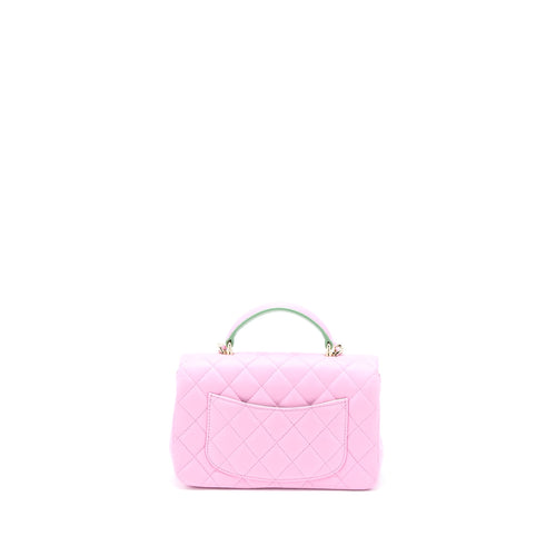 CHANEL TOP HANDLE MINI RECTANGULAR LAMBSKIN PINK/LIGHT GREEN LGHW (MICROCHIP)