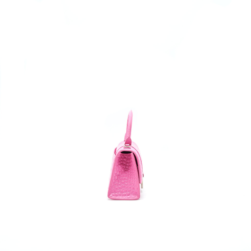 BALENCIAGA HOURGLASS XS CROC-EFFECT LEATHER TOTE PINK