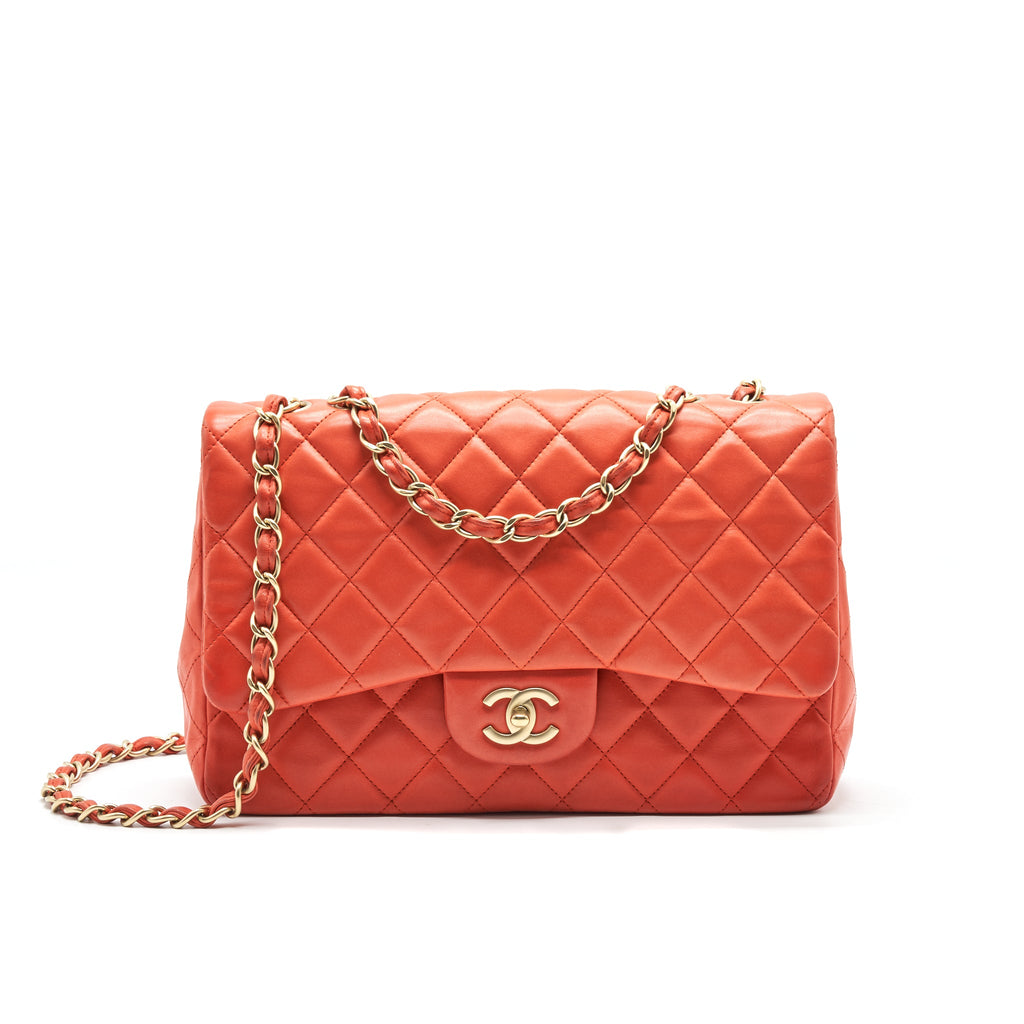 CHANEL CLASSIC SINGLE FLAP JUMBO BAG ORANGE LAMBSKIN GHW
