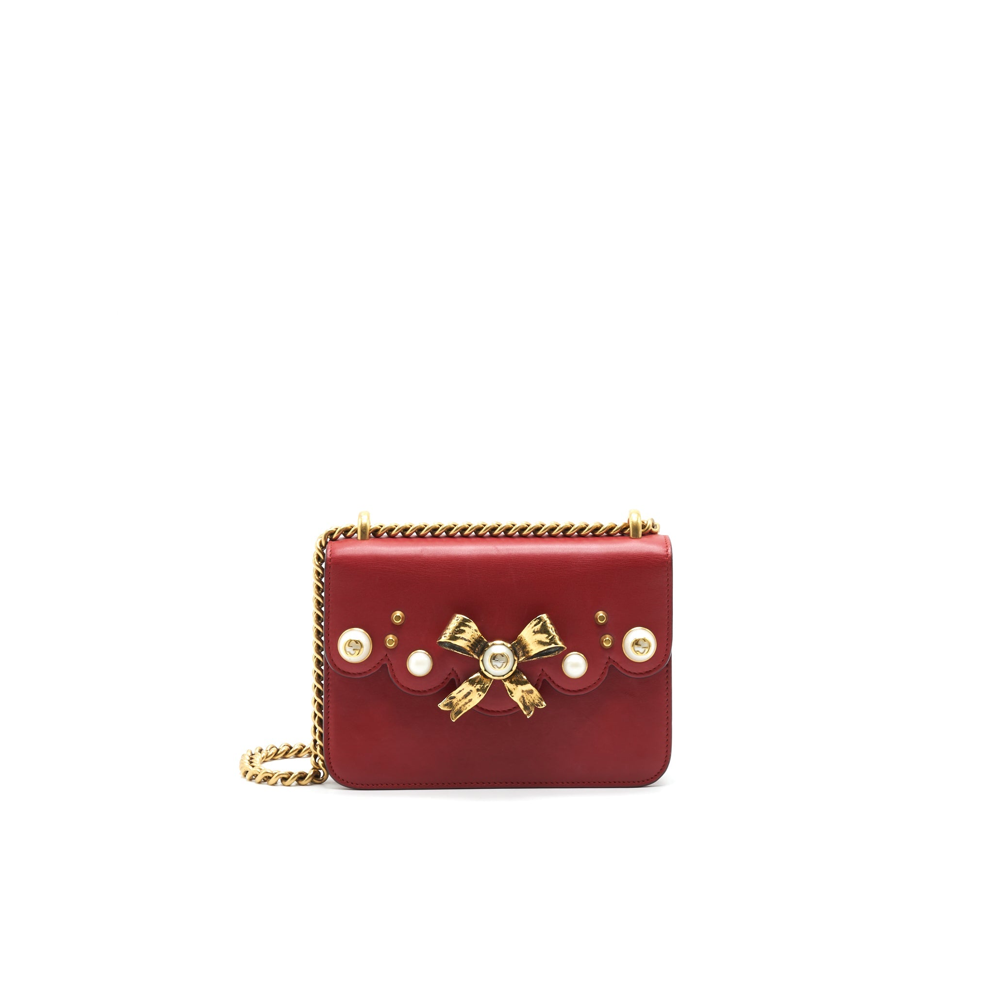 GUCCI BOW AND PEARL LEATHER CHAIN SHOULDER BAG RED