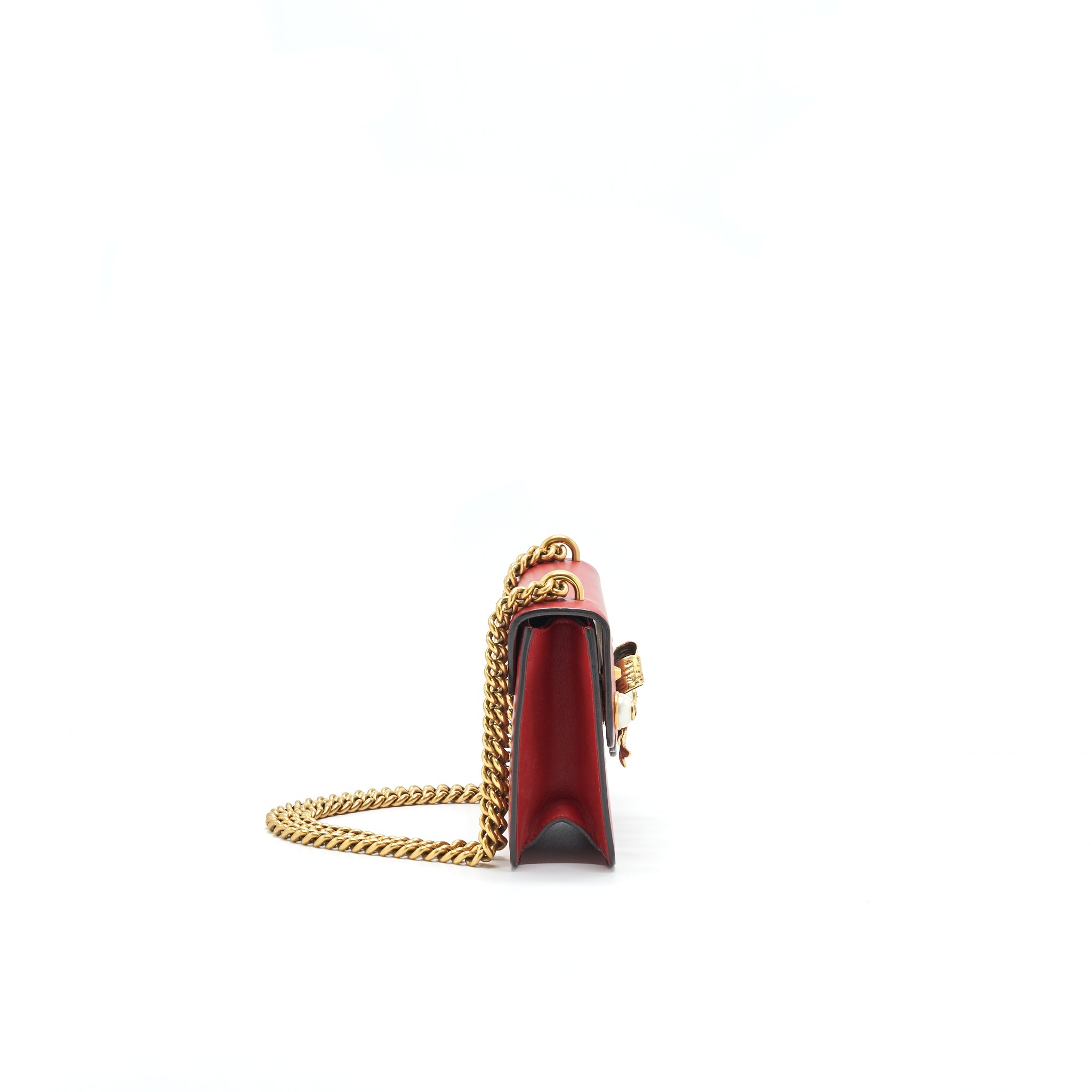 GUCCI BOW AND PEARL LEATHER CHAIN SHOULDER BAG RED