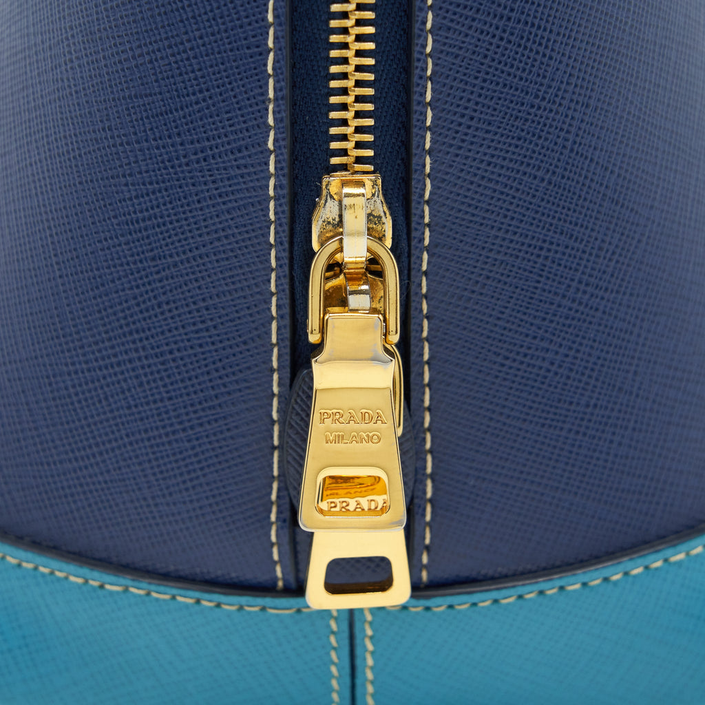 PRADA SAFFIANO LUX BI COLOUR PROMENADE DONE TOTE BAG BLUETTE/TURCHESE BLUE