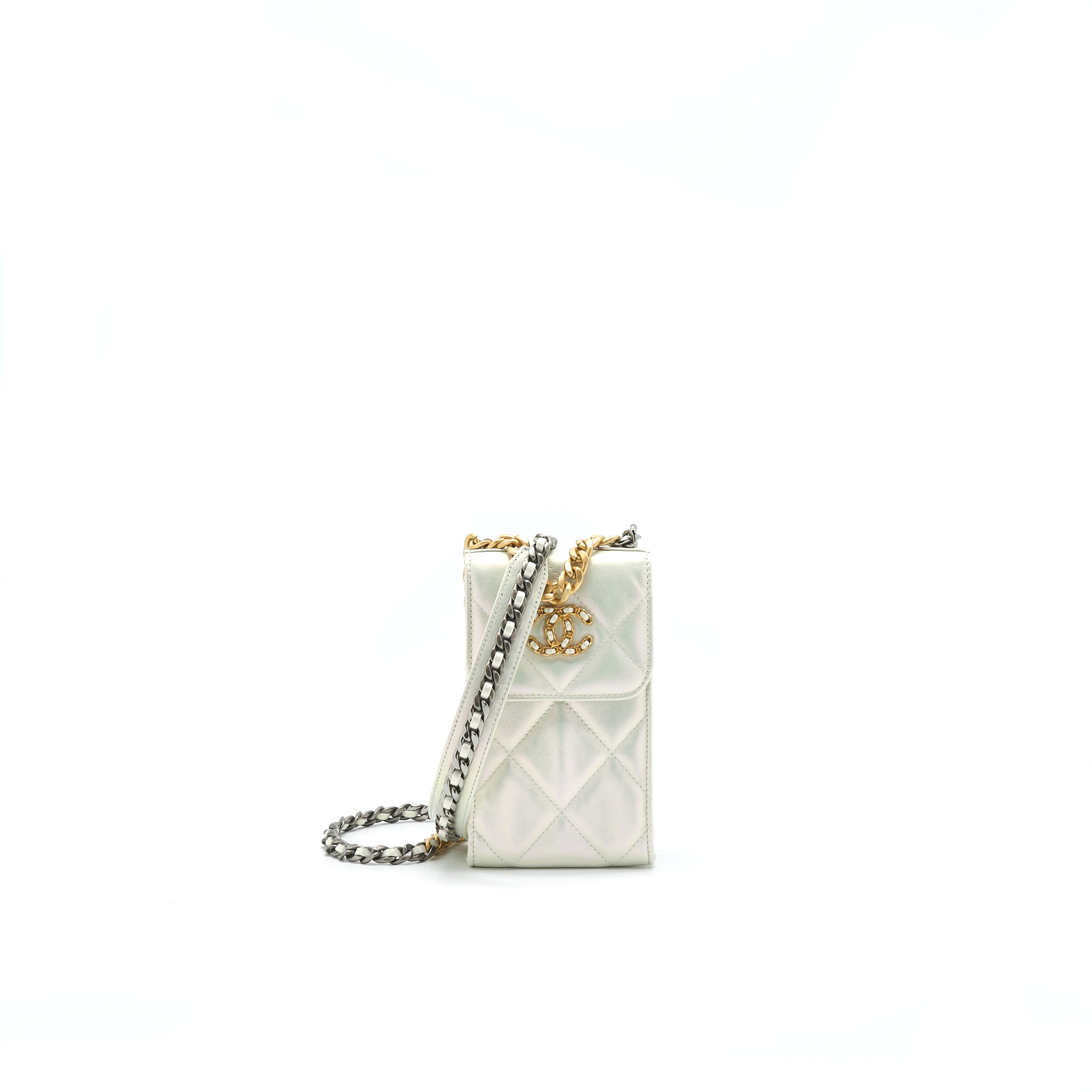 CHANEL 19 PHONE CASE WITH CHAIN IRIDESCENT WHITE