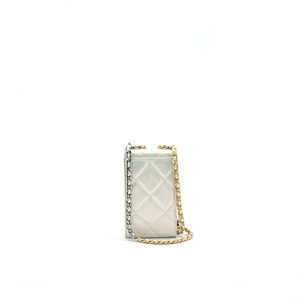CHANEL 19 PHONE CASE WITH CHAIN IRIDESCENT WHITE