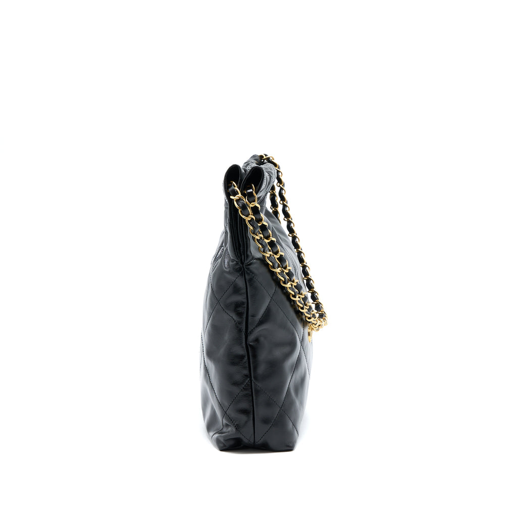 CHANEL SMALL 22 BAG GOLD LETTER SHINY CALFSKIN BLACK GHW (MICROCHIP)