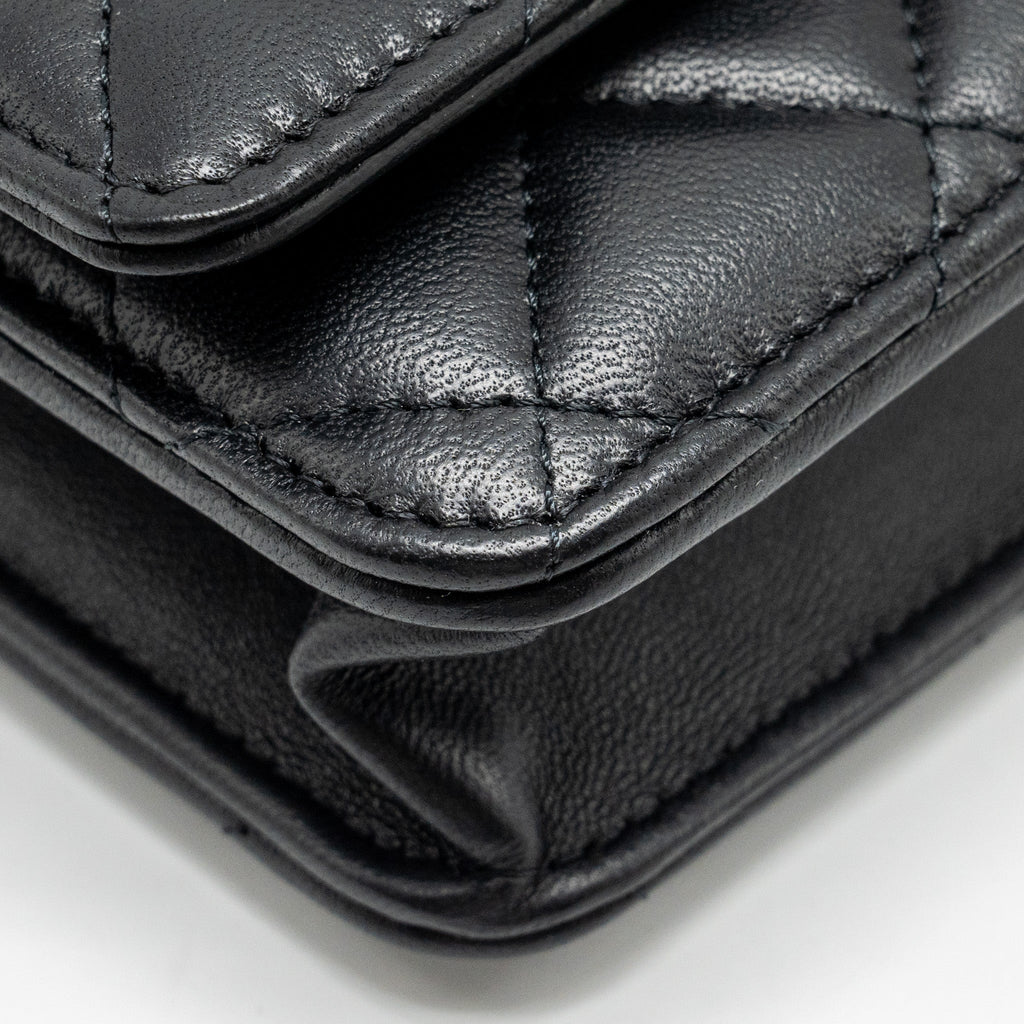 CHANEL PEARL CRUSH WALLET ON CHAIN LAMBSKIN BLACK GHW (MICROCHIP)